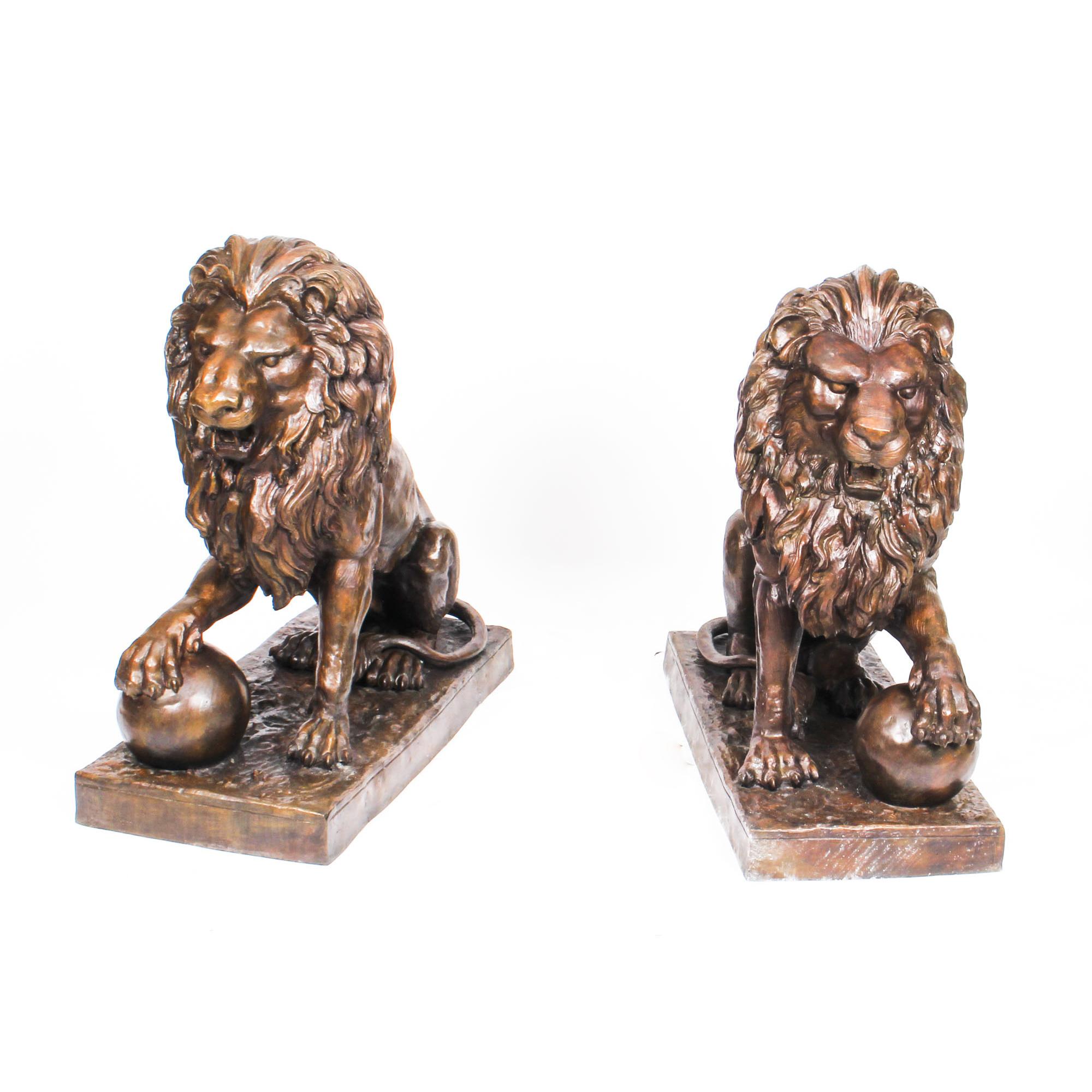 This is a historically interesting bronze sculpture of a pair of lions after the original Medici Lions placed at the Villa Medici, Rome. This pair dating from the second half of the 20th Century.

The lions are sitting on their haunches with one