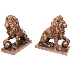Vintage Magnificent Large Pair of Cast Bronze Medici Lions, Late 20th Century