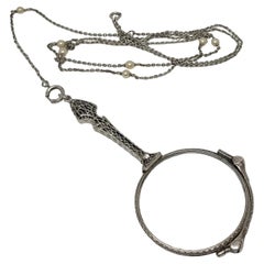 Vintage Magnify Glass Necklace, Pearls, Sterling, 26.78 Grams 24 Inch, Extension