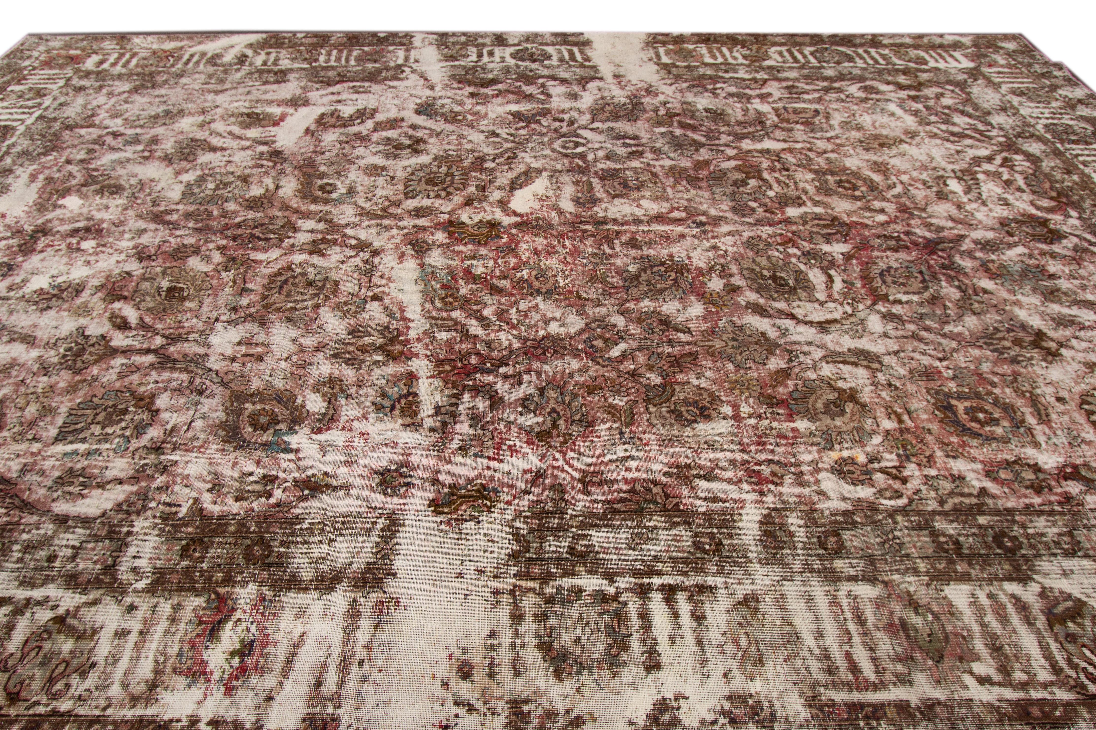 Persian Vintage Mahal Handmade Allover Motif Rust Distressed Oversize Wool Rug For Sale