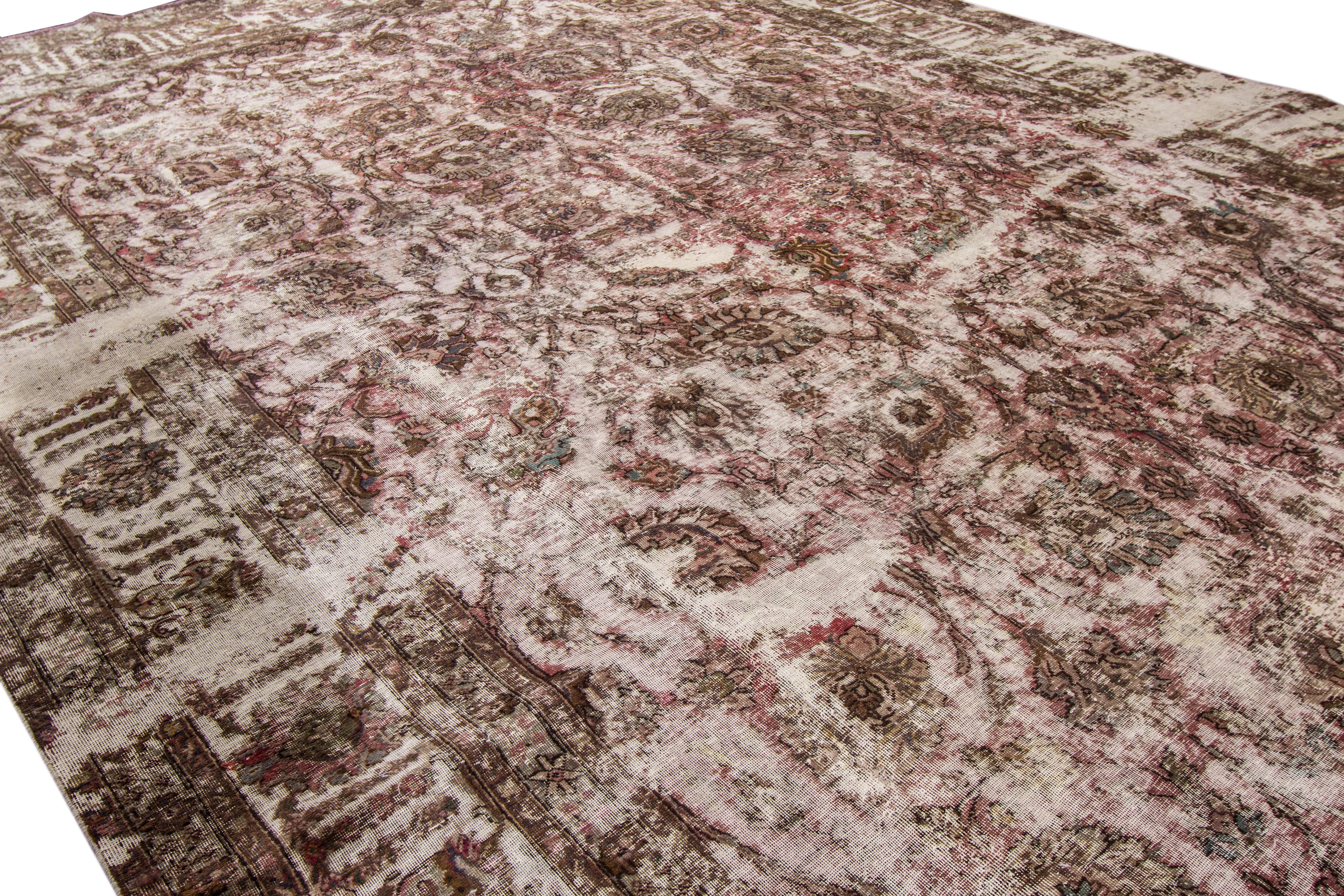 20th Century Vintage Mahal Handmade Allover Motif Rust Distressed Oversize Wool Rug For Sale