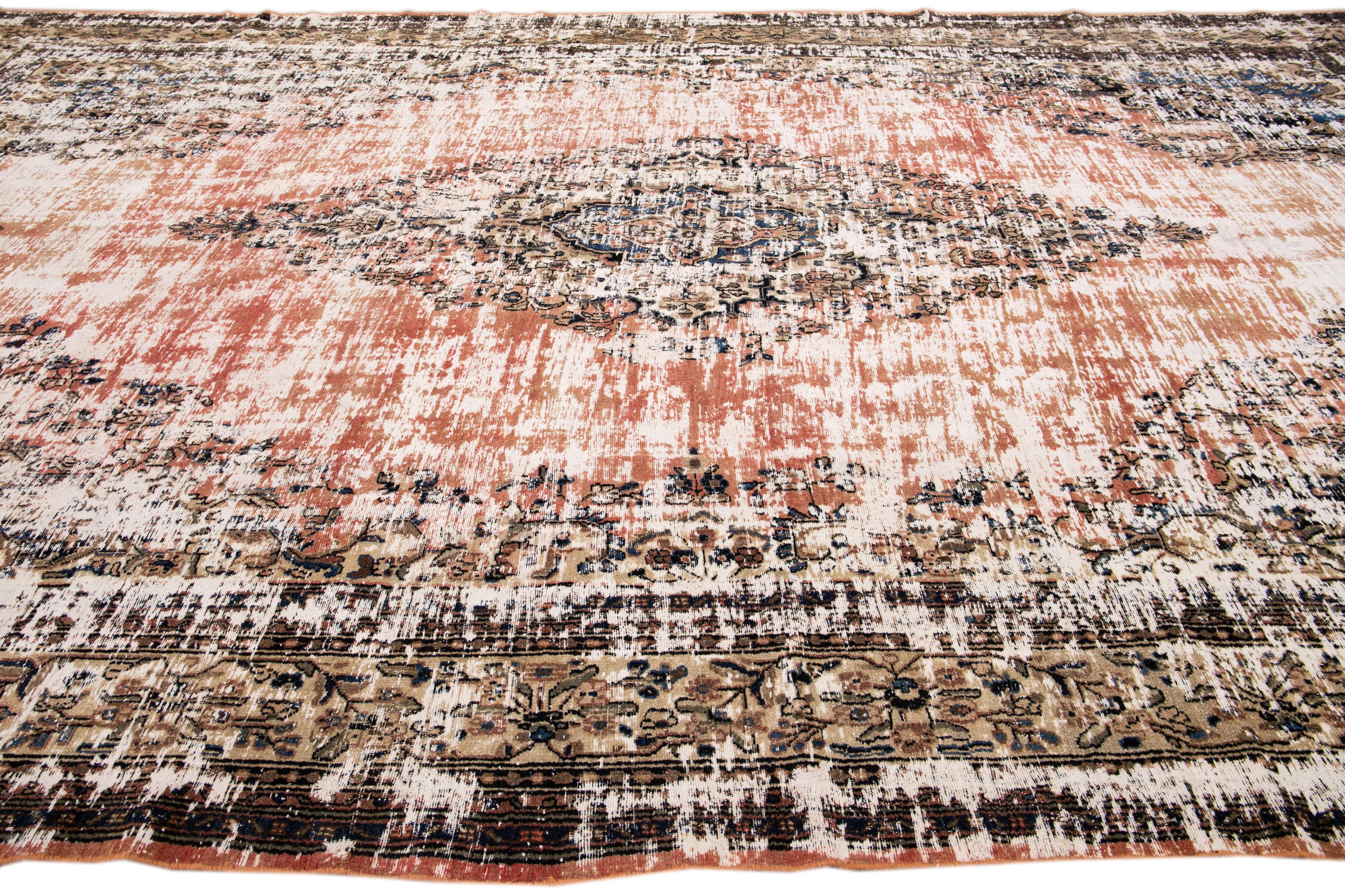 Hand-Knotted Vintage Mahal Handmade Medallion Motif Rust Distressed Oversize Wool Rug For Sale