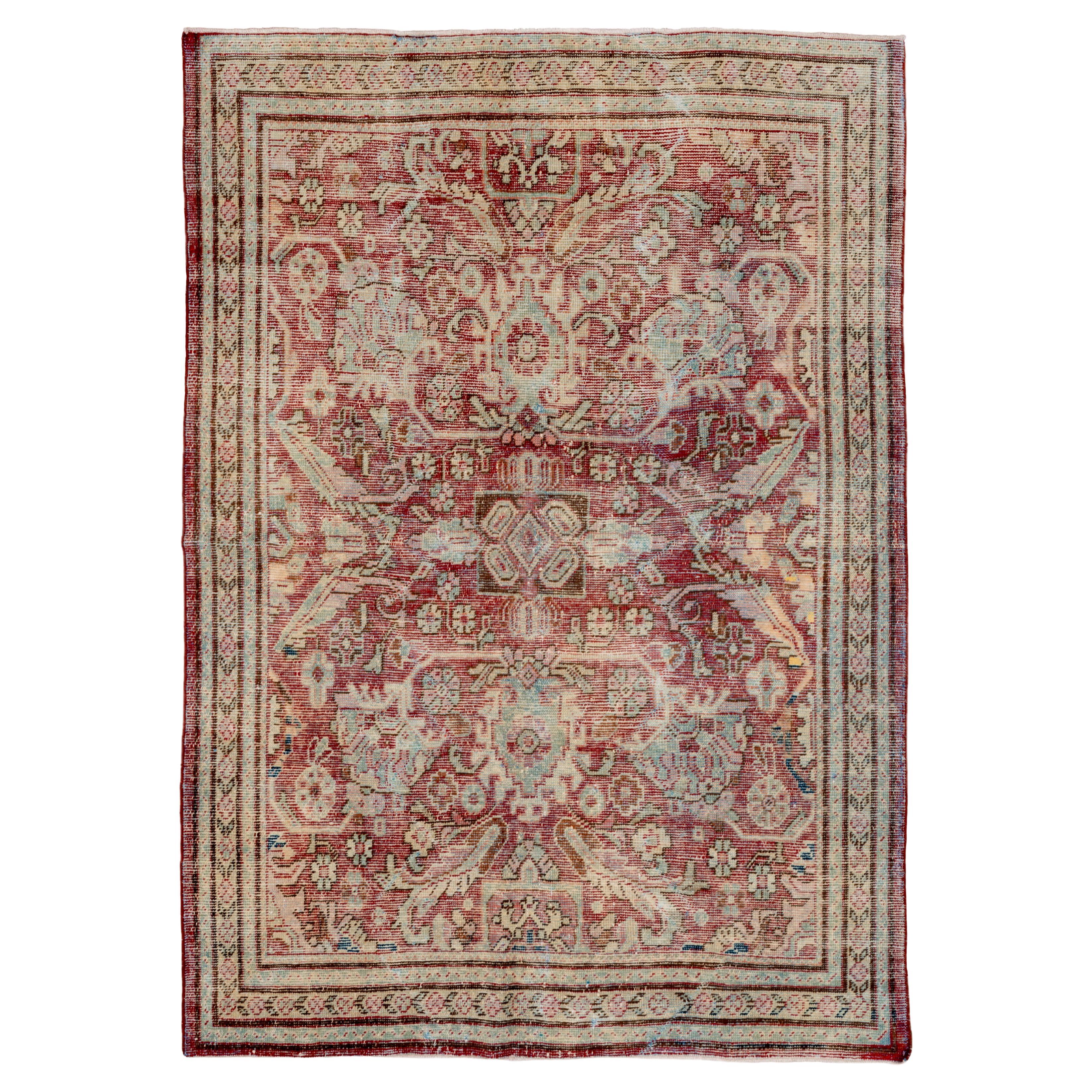 Vintage Mahal Rug Faded Brick and Aqua Medallion For Sale
