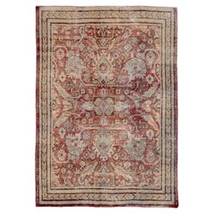 Vintage Mahal Rug Faded Brick and Aqua Medallion