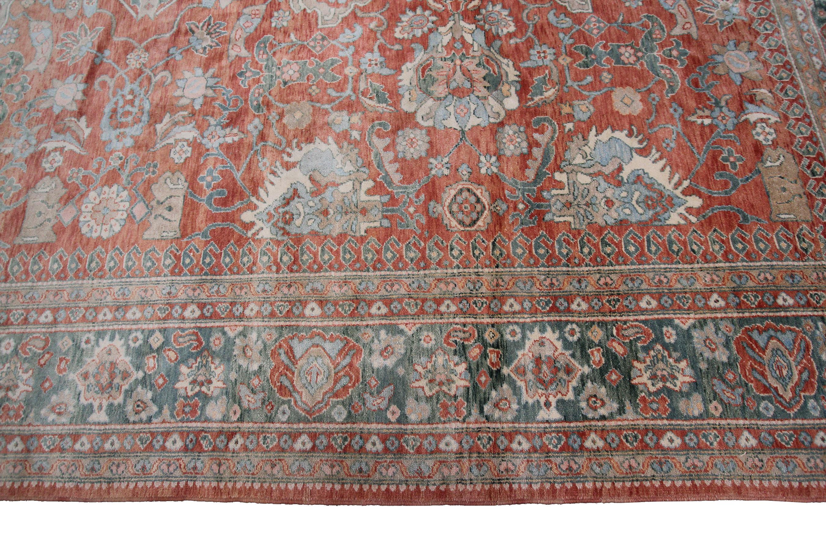 Hand-Knotted Vintage Mahal Sultanabad Rug Geometric Overall Bold Blue Rust For Sale
