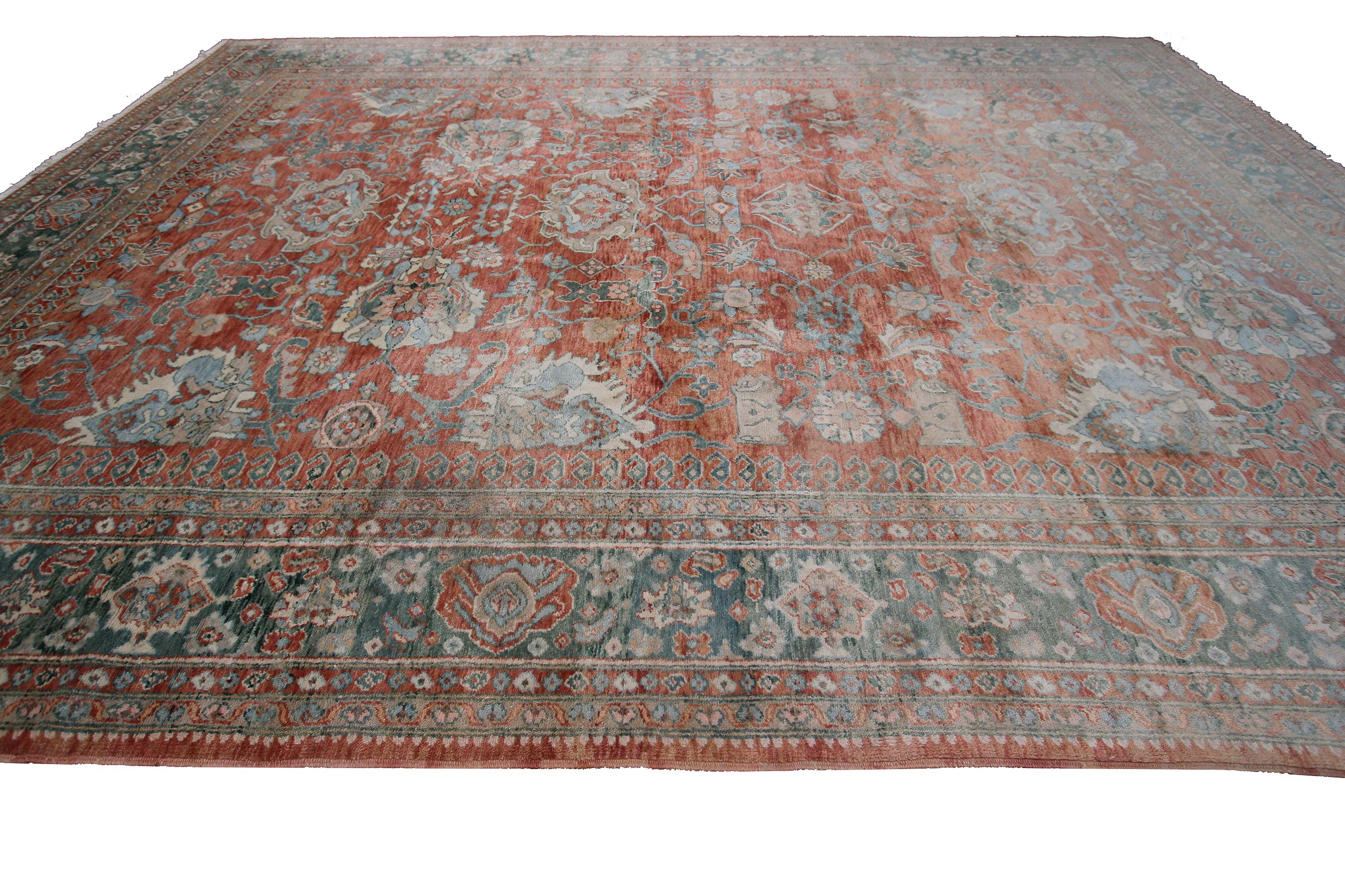 Vintage Mahal Sultanabad Rug Geometric Overall Bold Blue Rust In Good Condition For Sale In New York, NY
