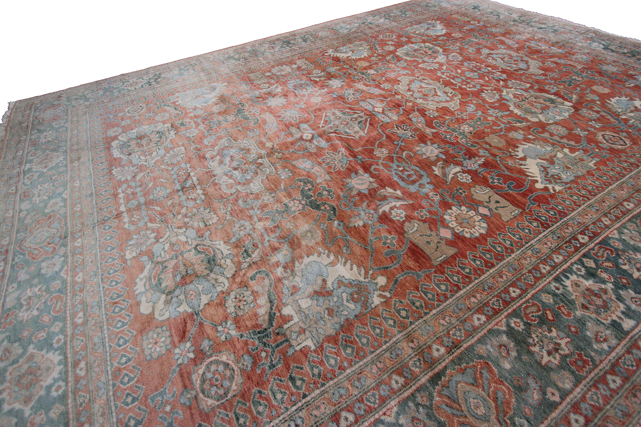 Wool Vintage Mahal Sultanabad Rug Geometric Overall Bold Blue Rust For Sale