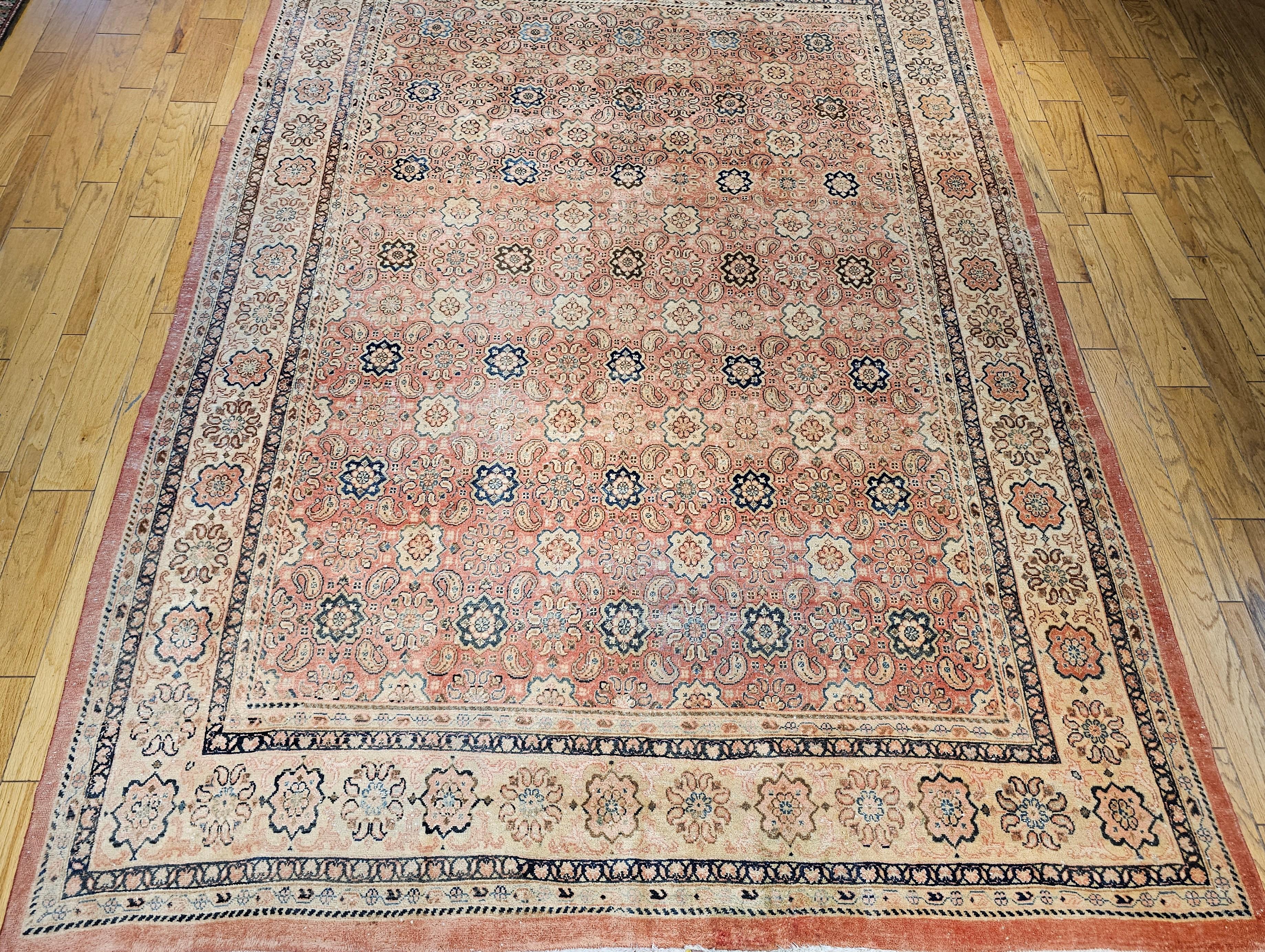 Persian Vintage Mahal Sultanabad Rug in All Over Geometric Pattern in Pale Pink, Cream For Sale