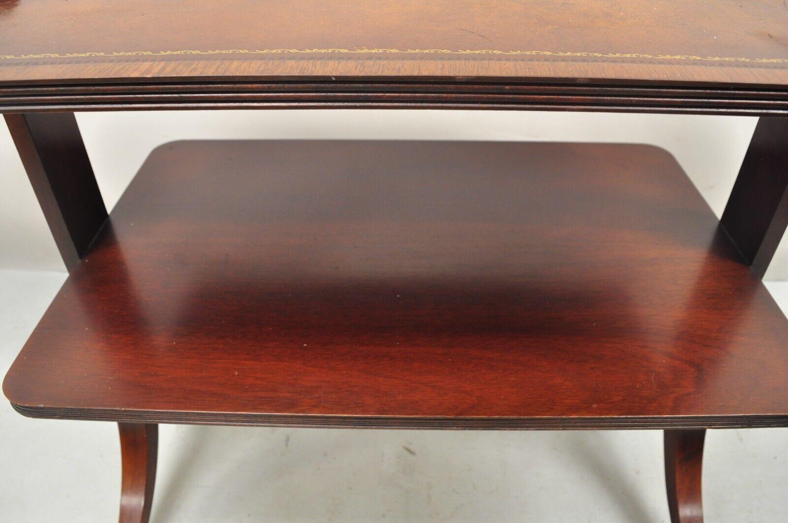 20th Century Vintage Mahogany 2 Tier Brown Tooled Leather Top Accent Side End Table For Sale