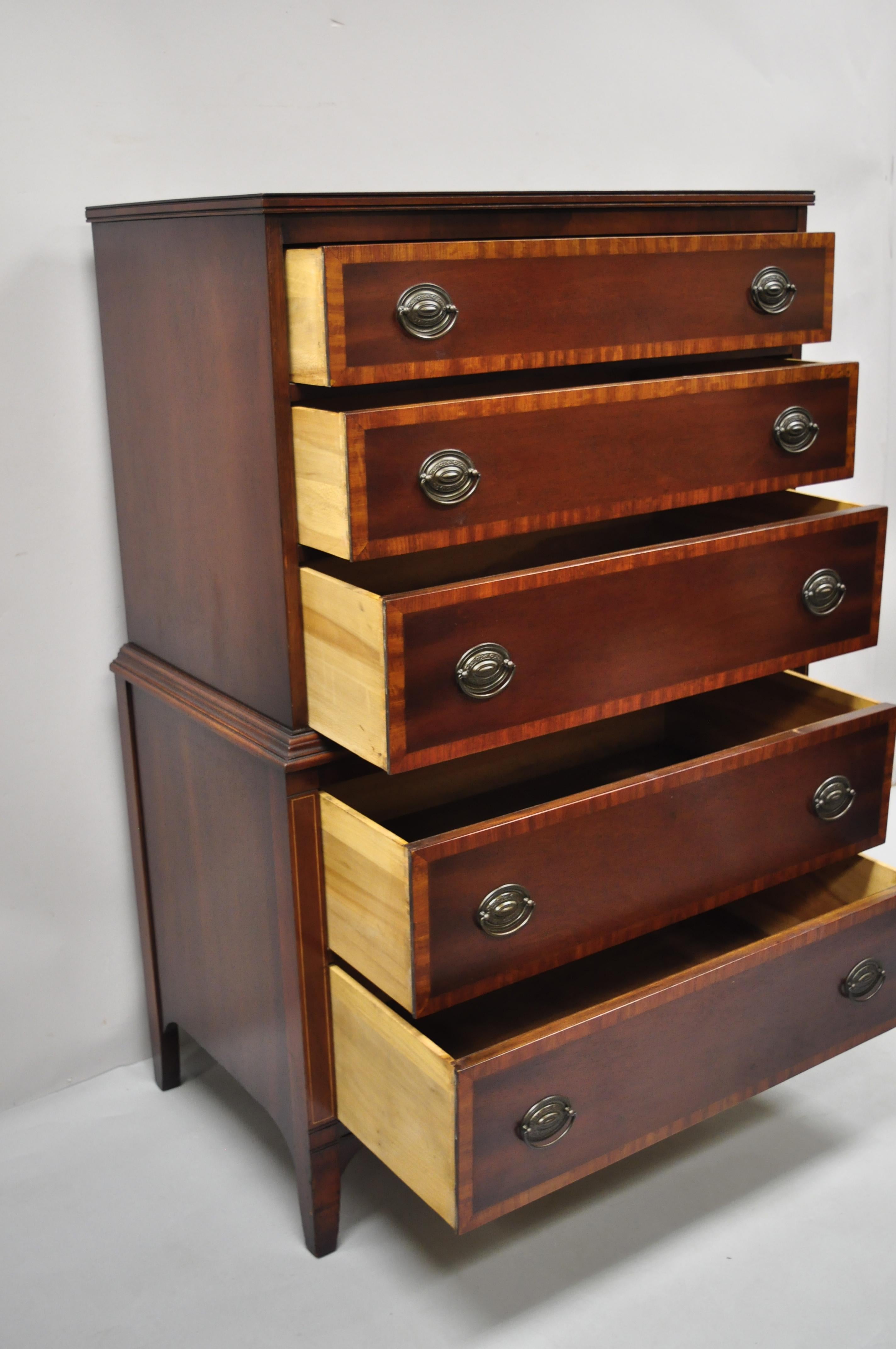 Vintage Mahogany 5 Drawer Banded Inlay Tall Chest Dresser Highboy by Stiehl 1