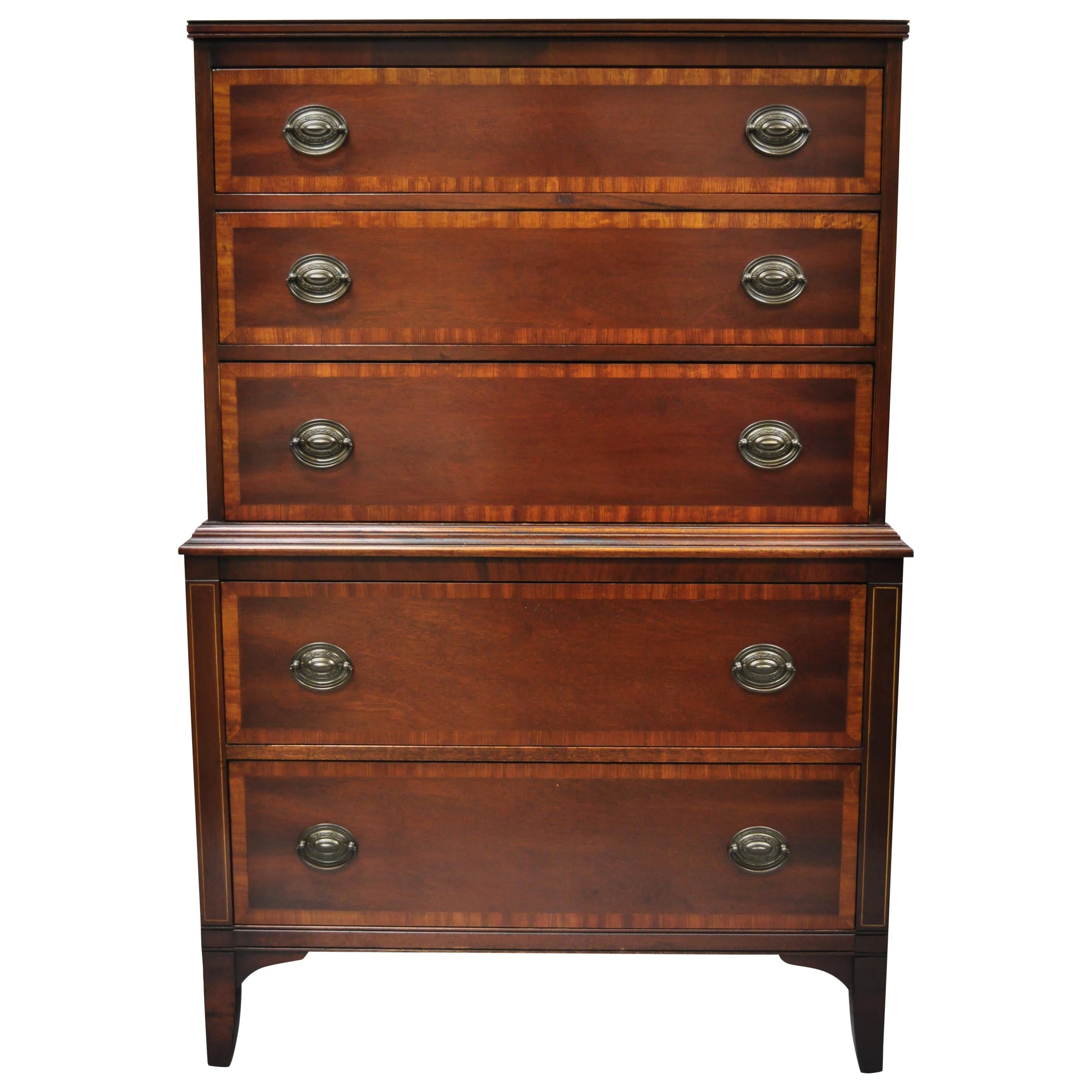 Vintage Mahogany 5 Drawer Banded Inlay Tall Chest Dresser Highboy by Stiehl