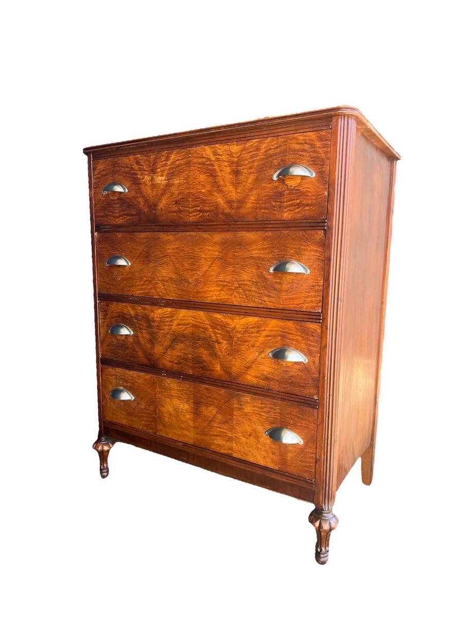 Late 20th Century Vintage Mahogany and Burl Wood Veneer Dresser Cabinet Storage Drawers