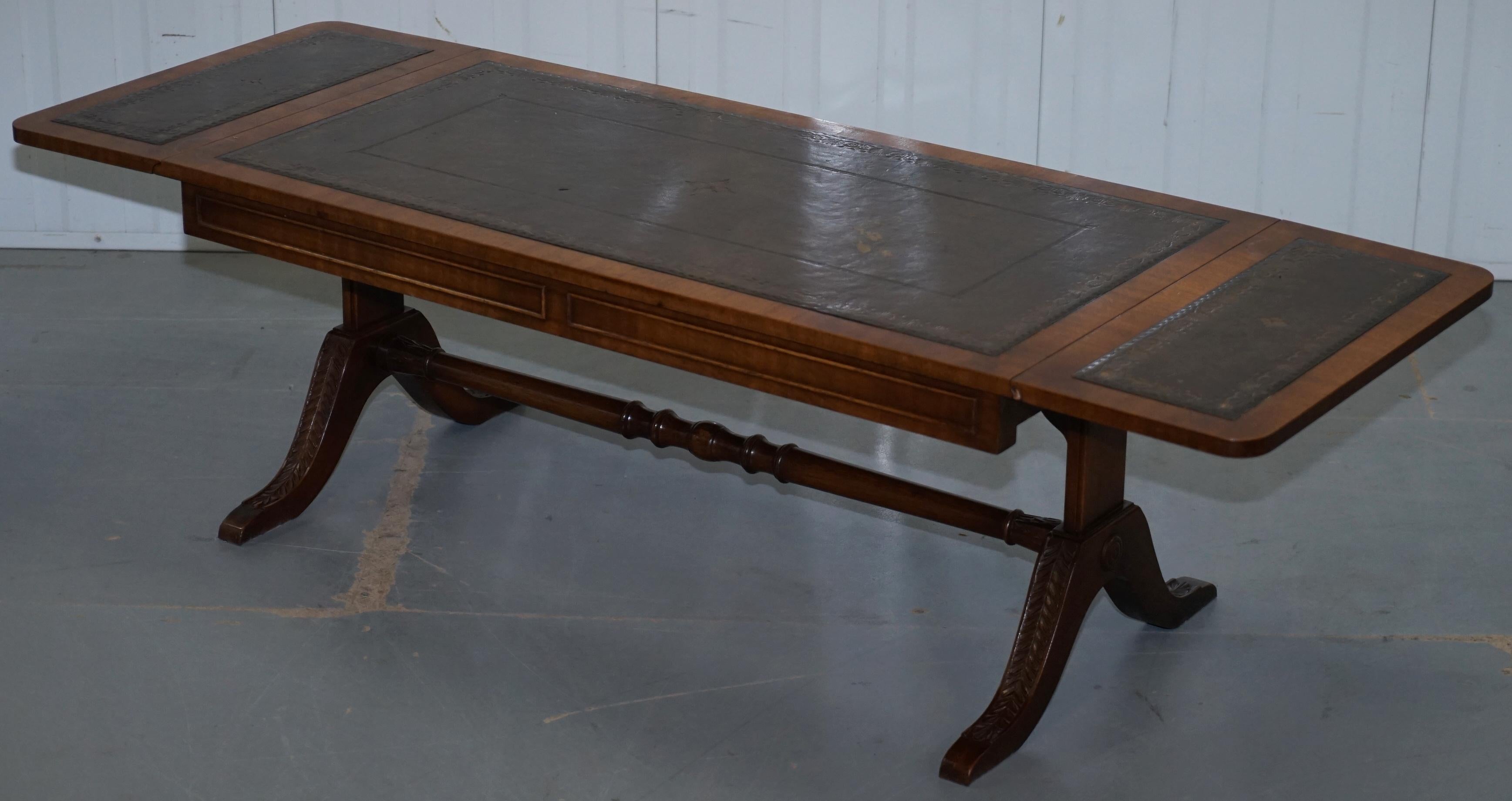 Vintage Mahogany and Green Leather Twin Flap Extending Coffee Table Carved Wood 3