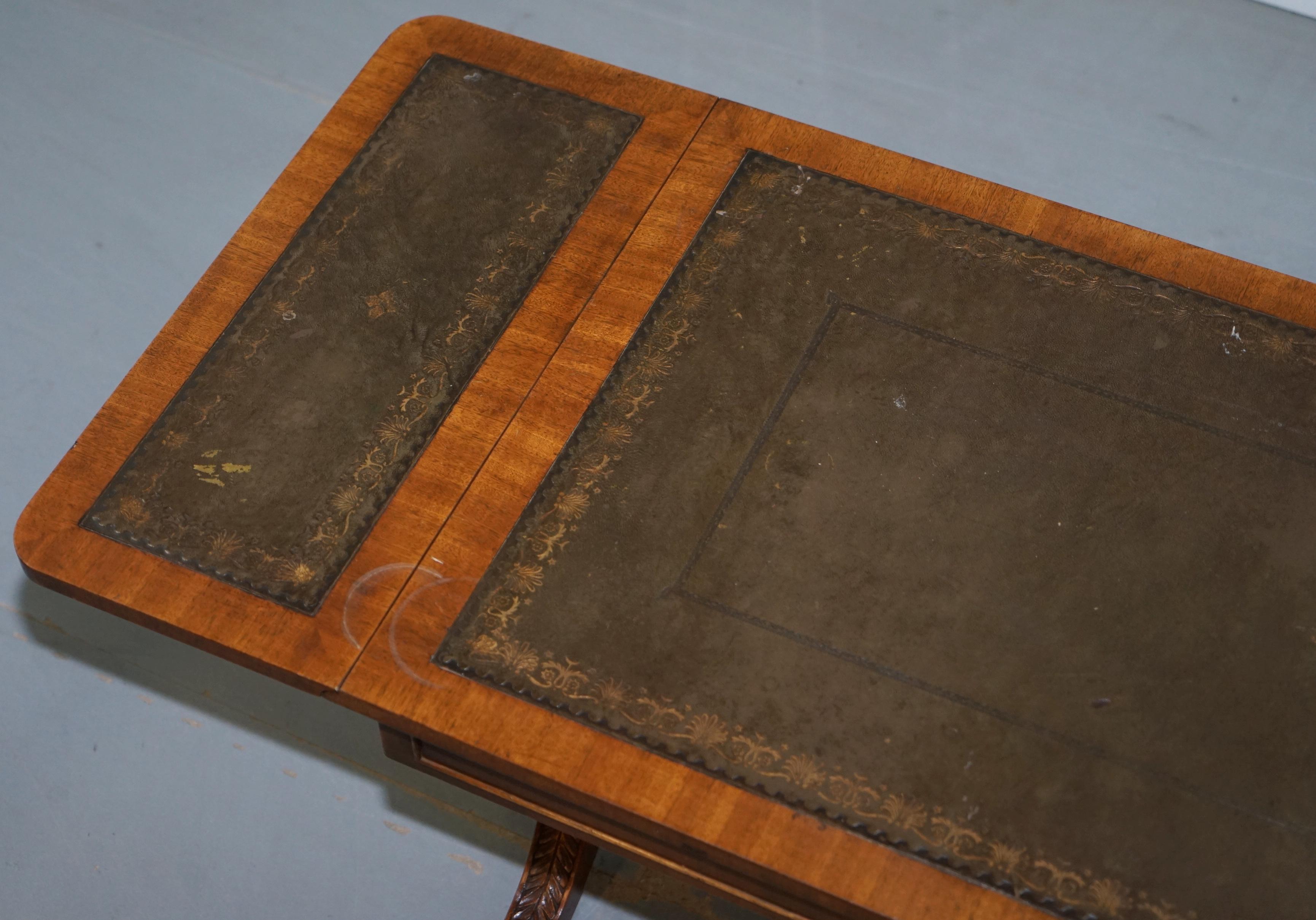 Vintage Mahogany and Green Leather Twin Flap Extending Coffee Table Carved Wood 5