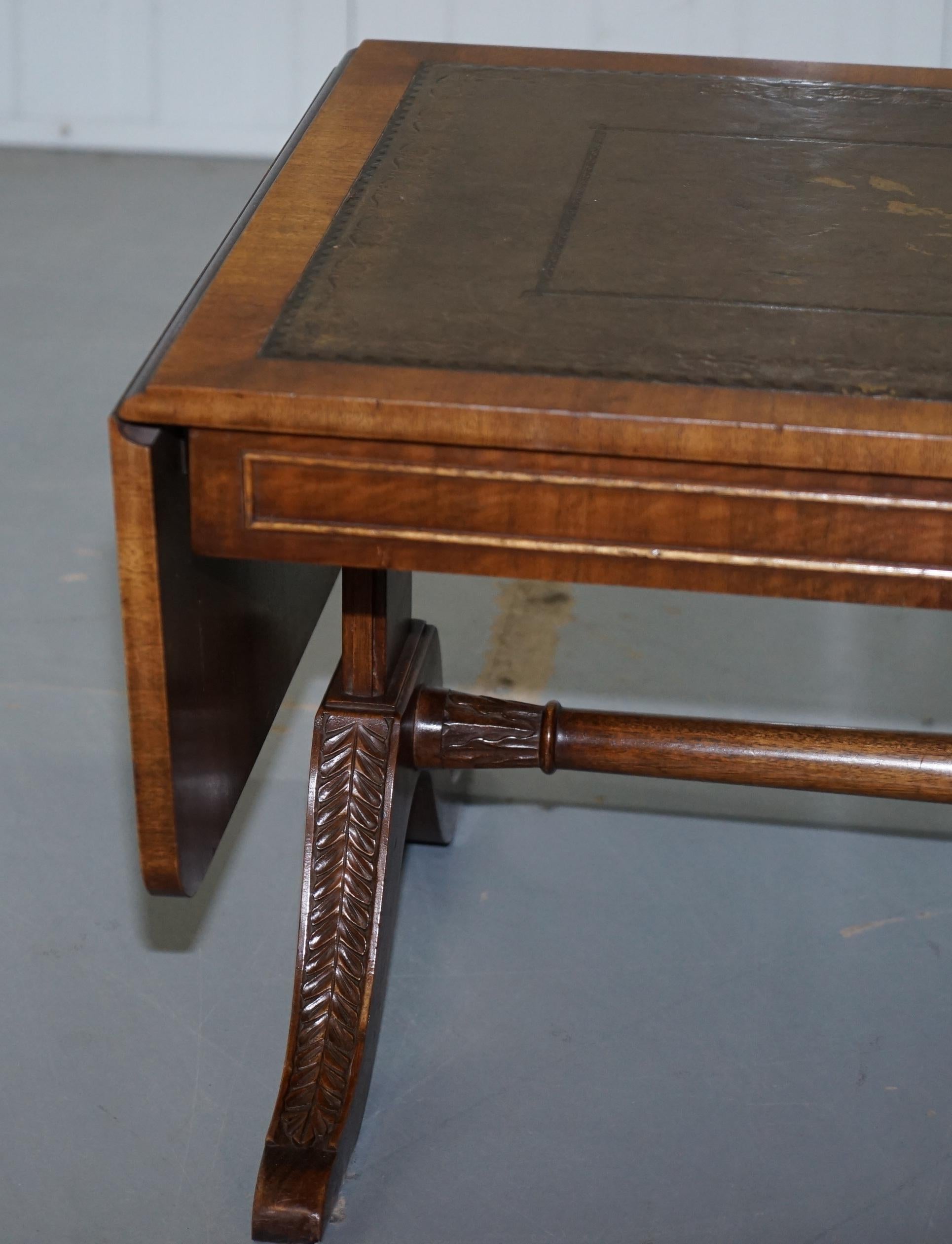 Hand-Carved Vintage Mahogany and Green Leather Twin Flap Extending Coffee Table Carved Wood