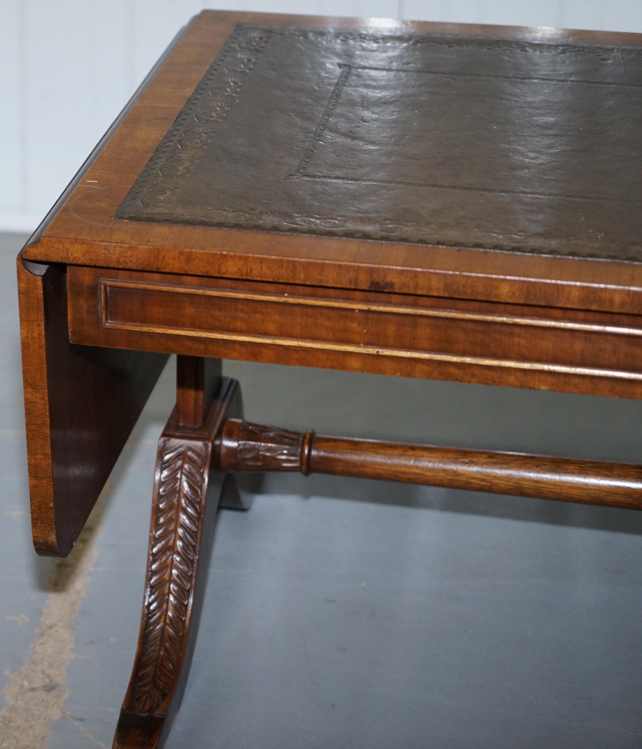 Vintage Mahogany and Green Leather Twin Flap Extending Coffee Table Carved Wood 1
