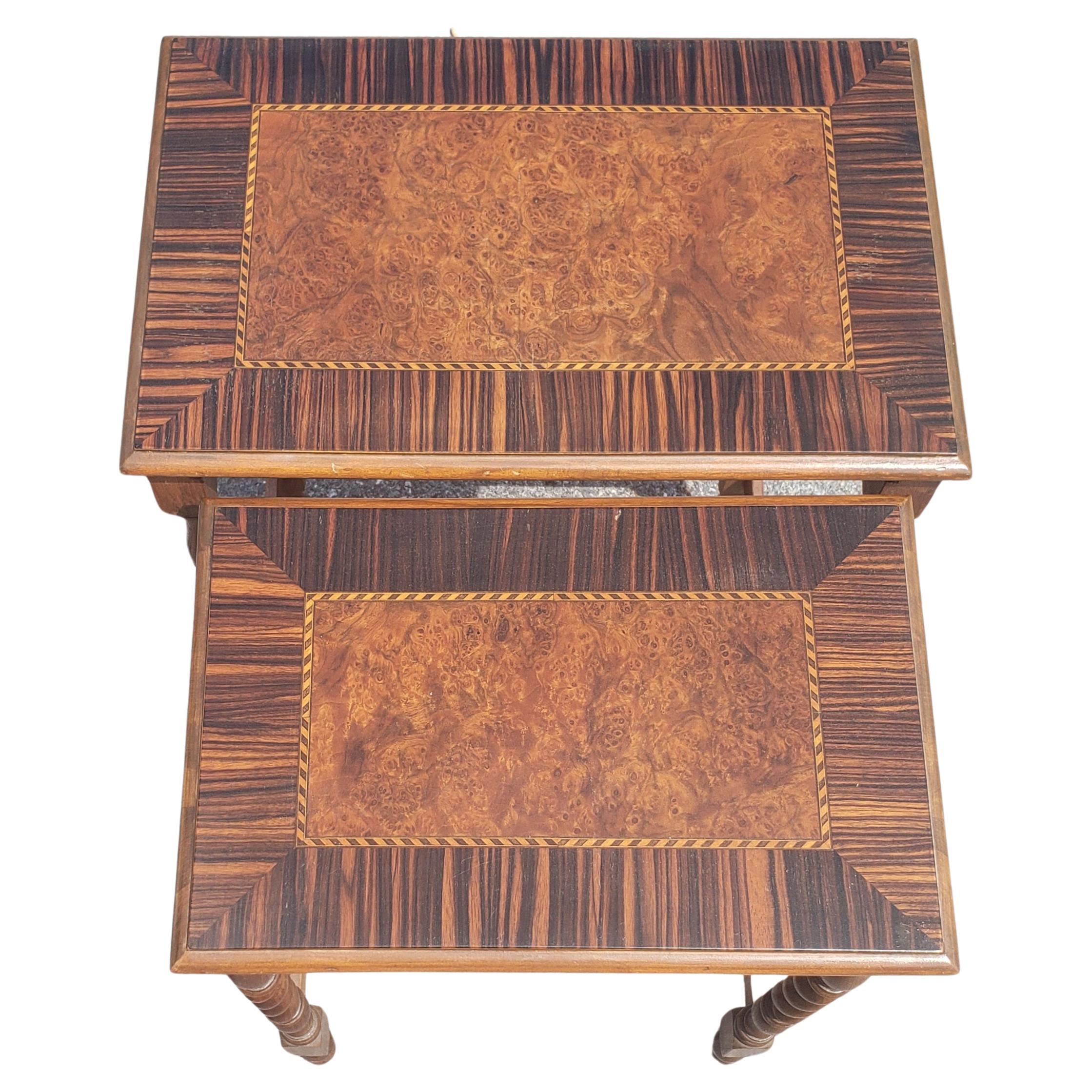 Woodwork Vintage Mahogany Barley Twist Banded Walnut Satinwood Burl Nesting Tables For Sale