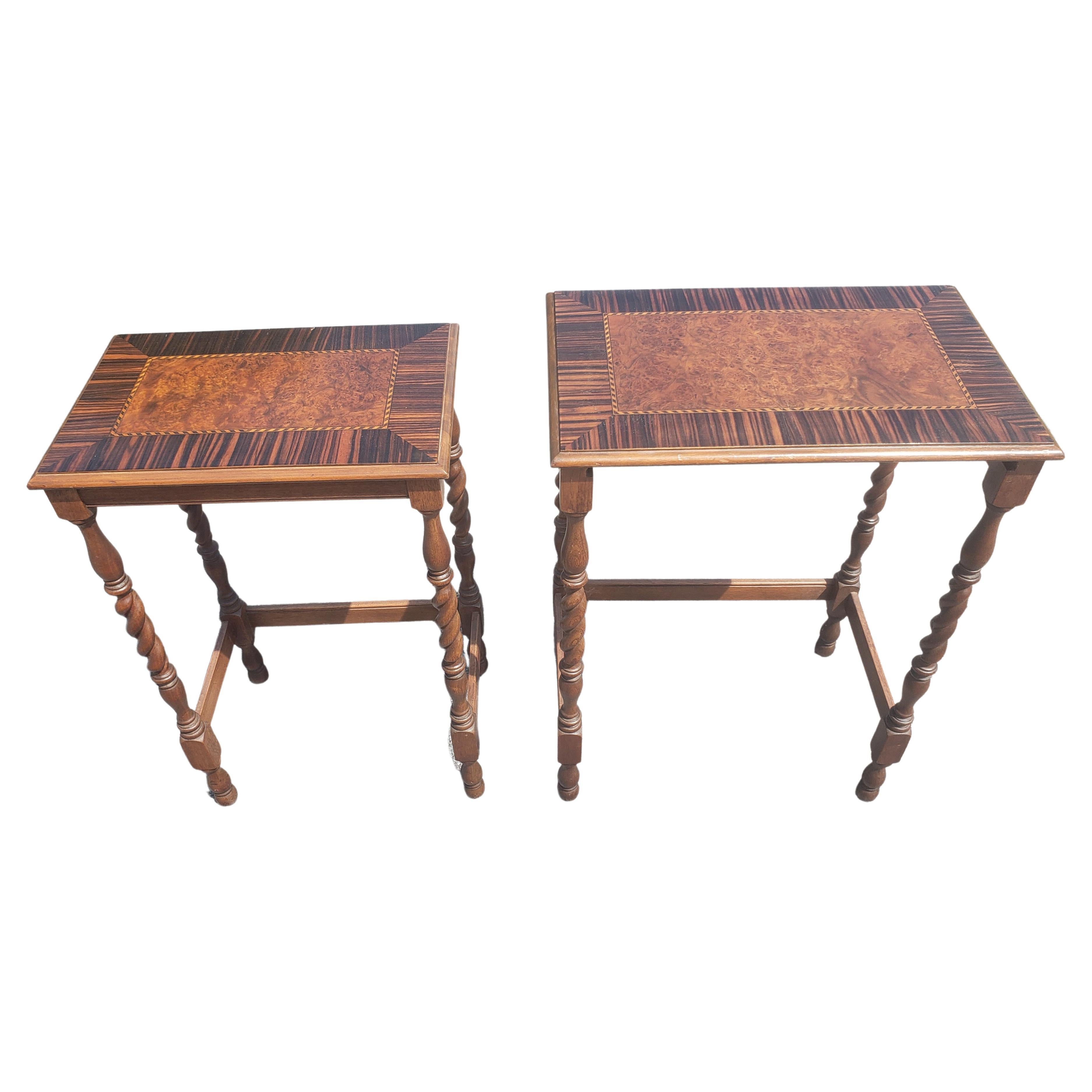 Vintage Mahogany Barley Twist Banded Walnut Satinwood Burl Nesting Tables In Good Condition For Sale In Germantown, MD