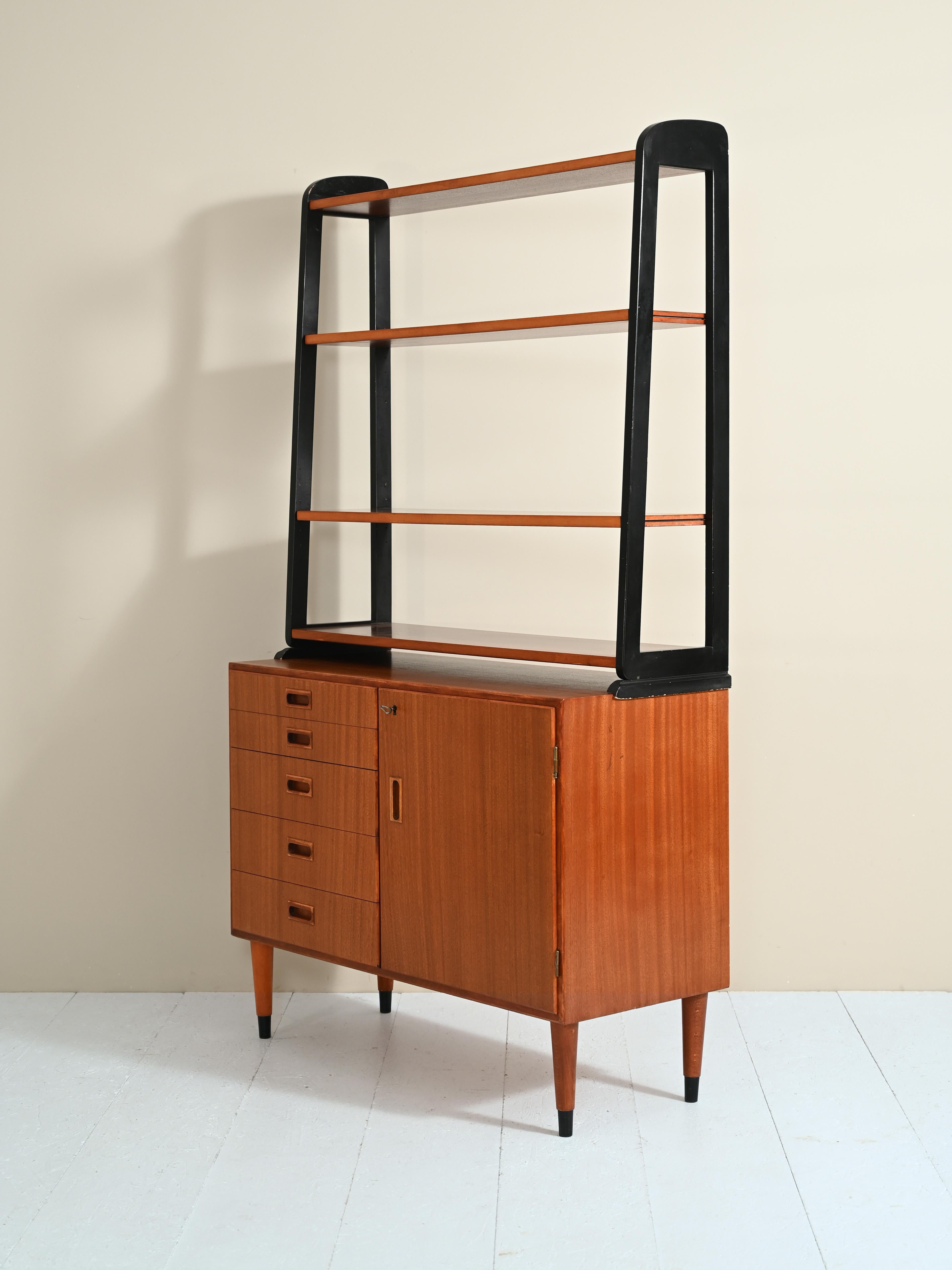 Mid-20th Century Vintage Mahogany Bookcase with Black Details