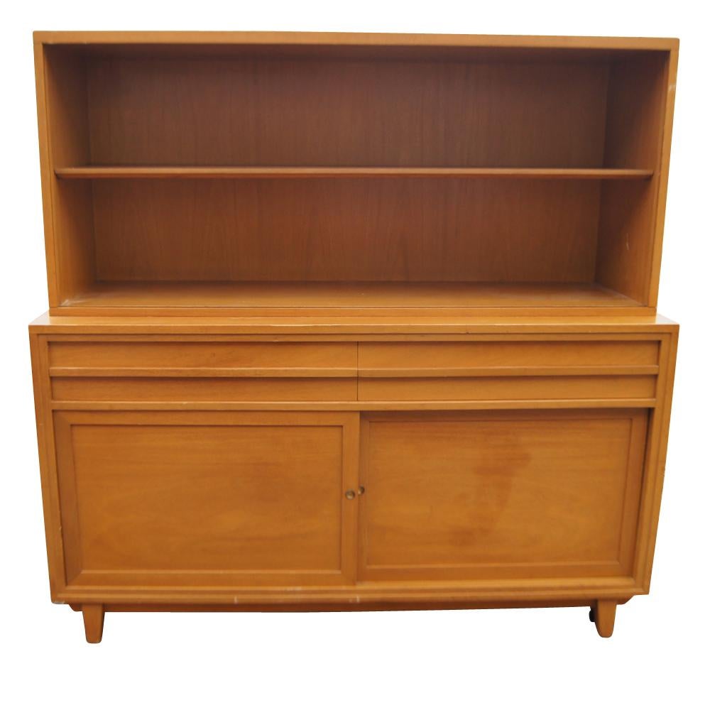 A 5ft multi-use vintage RWAY breakfront cabinet. Two large shelves on top can hold anything from books to memorabilia to non-refrigerated drinks; two sliding doors below reveal another two shelves of space.