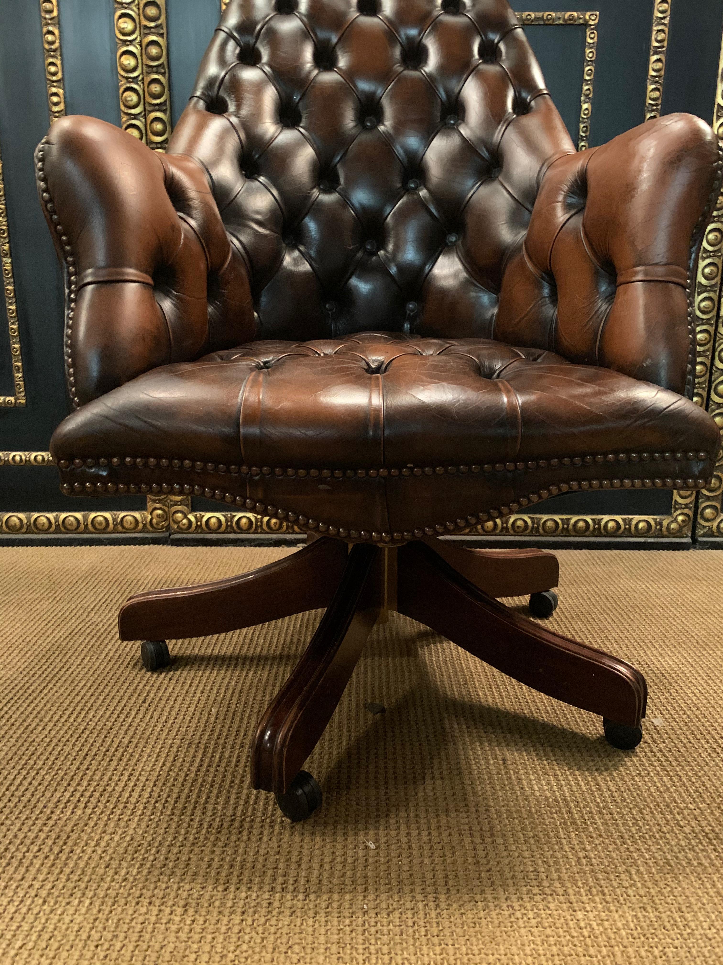 Vintage Mahogany Brown Leather Chesterfield Tufted Captains Directors Armchair For Sale 5