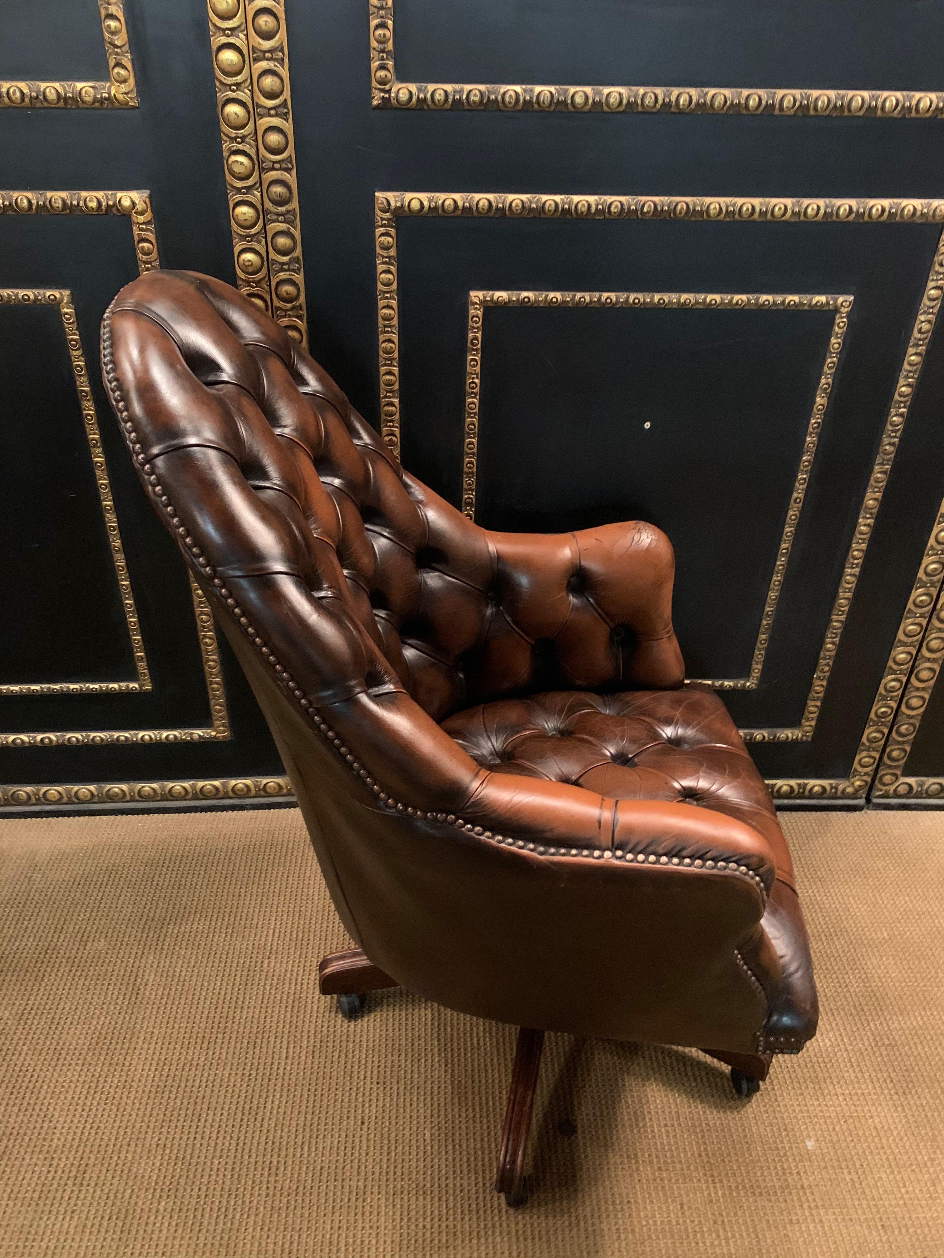 Vintage Mahogany Brown Leather Chesterfield Tufted Captains Directors Armchair For Sale 6