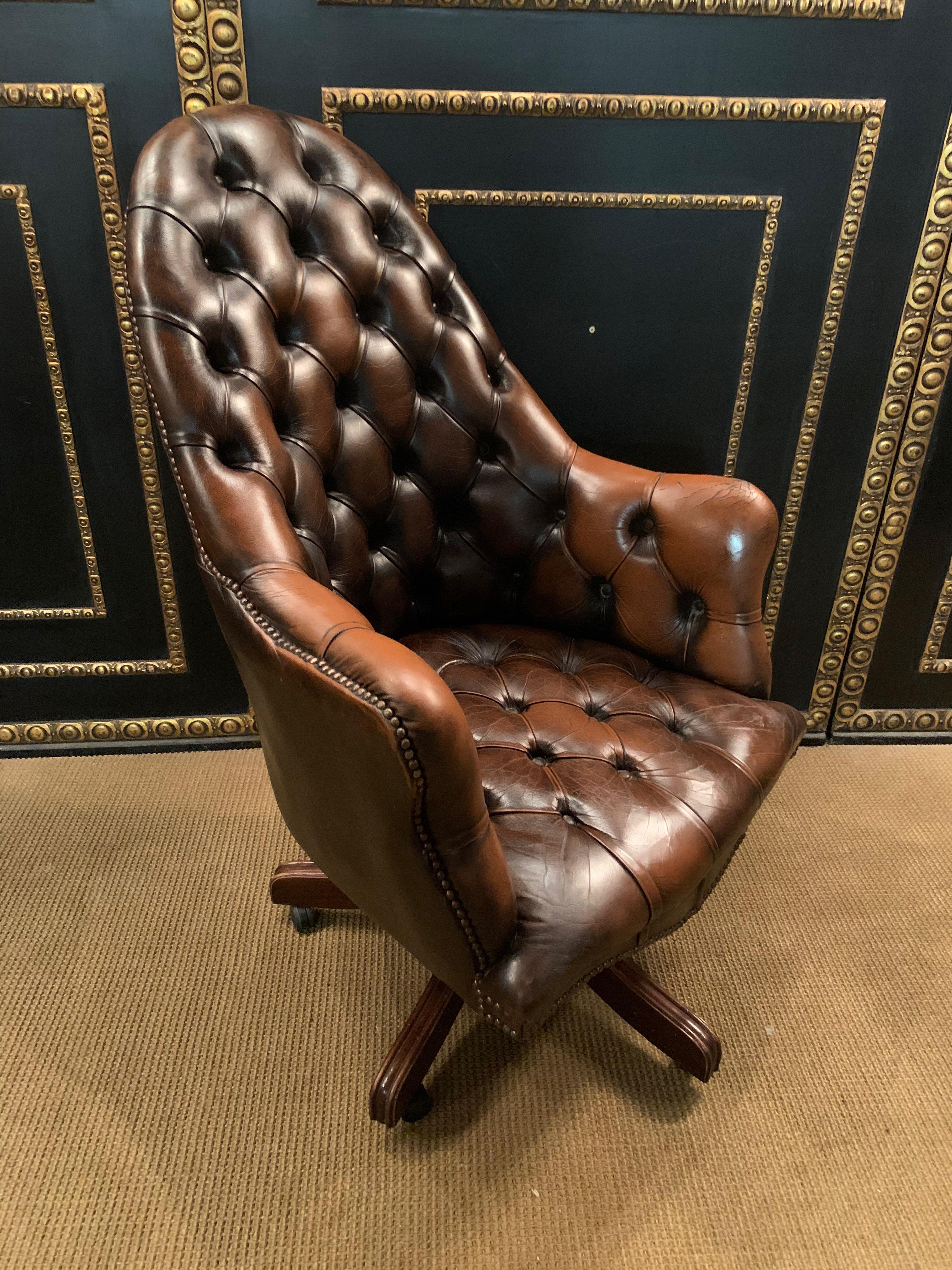 Vintage Mahogany Brown Leather Chesterfield Tufted Captains Directors Armchair For Sale 8