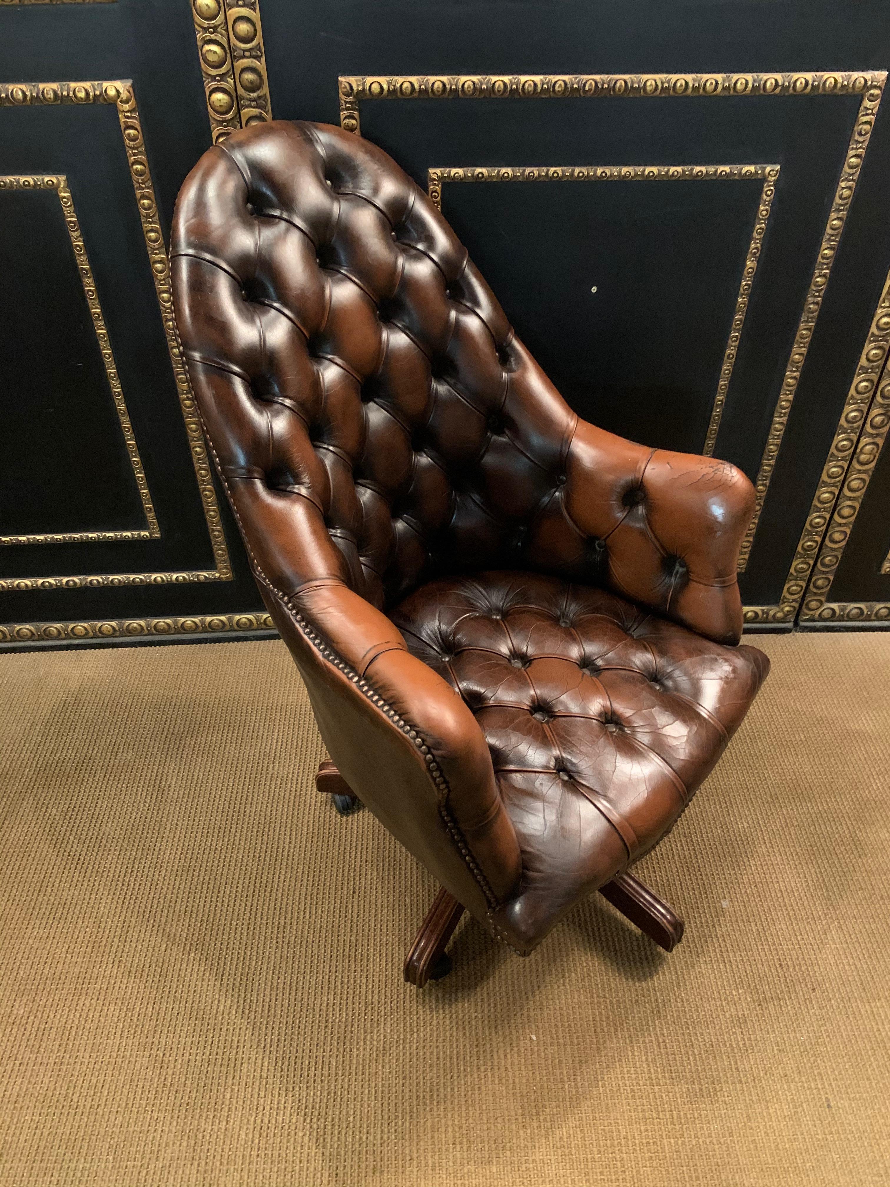 Vintage Mahogany Brown Leather Chesterfield Tufted Captains Directors Armchair For Sale 9