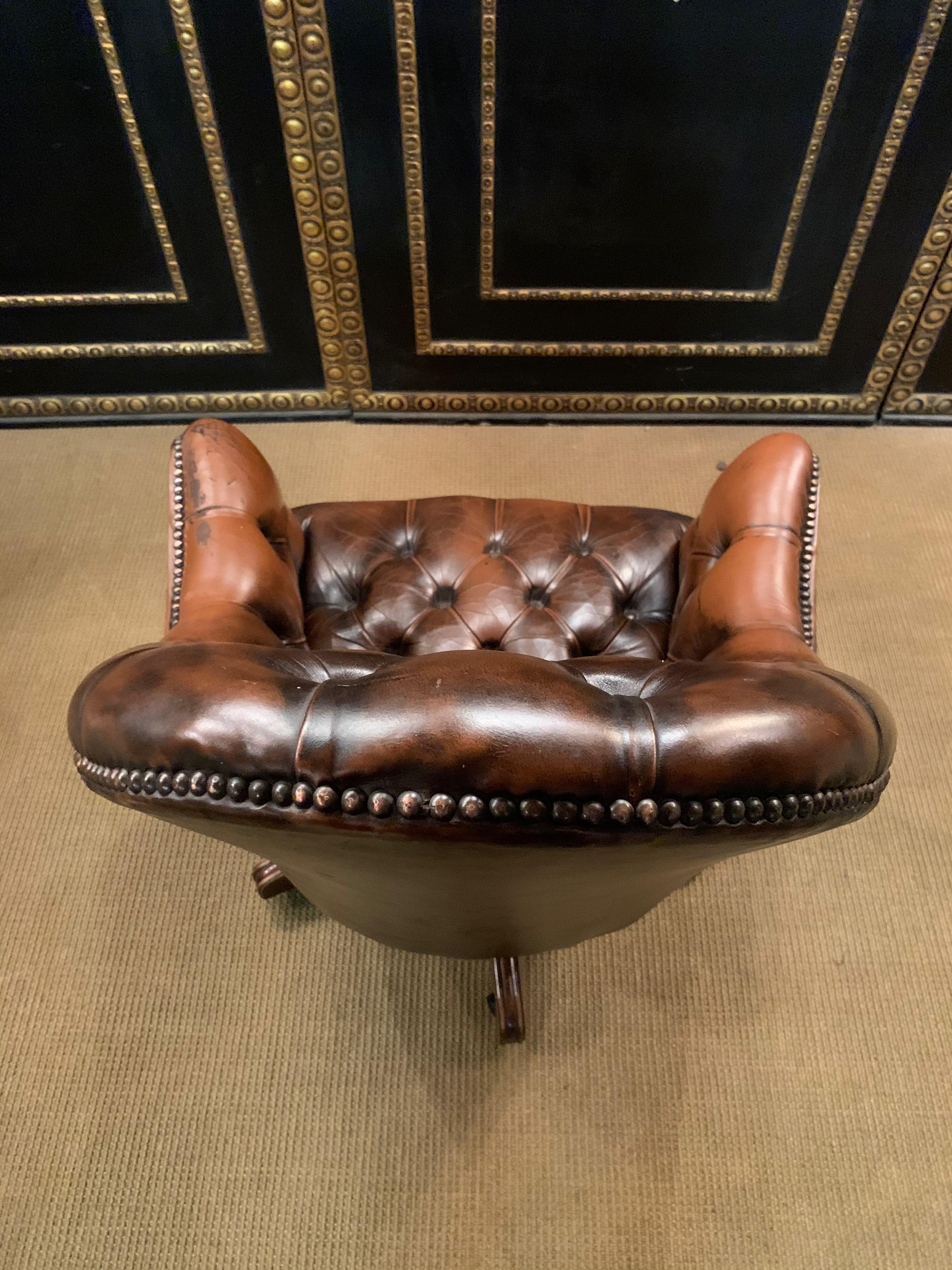 Vintage Mahogany Brown Leather Chesterfield Tufted Captains Directors Armchair For Sale 11