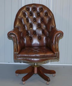 Vintage Mahogany Brown Leather Chesterfield Tufted Captains Directors Armchair