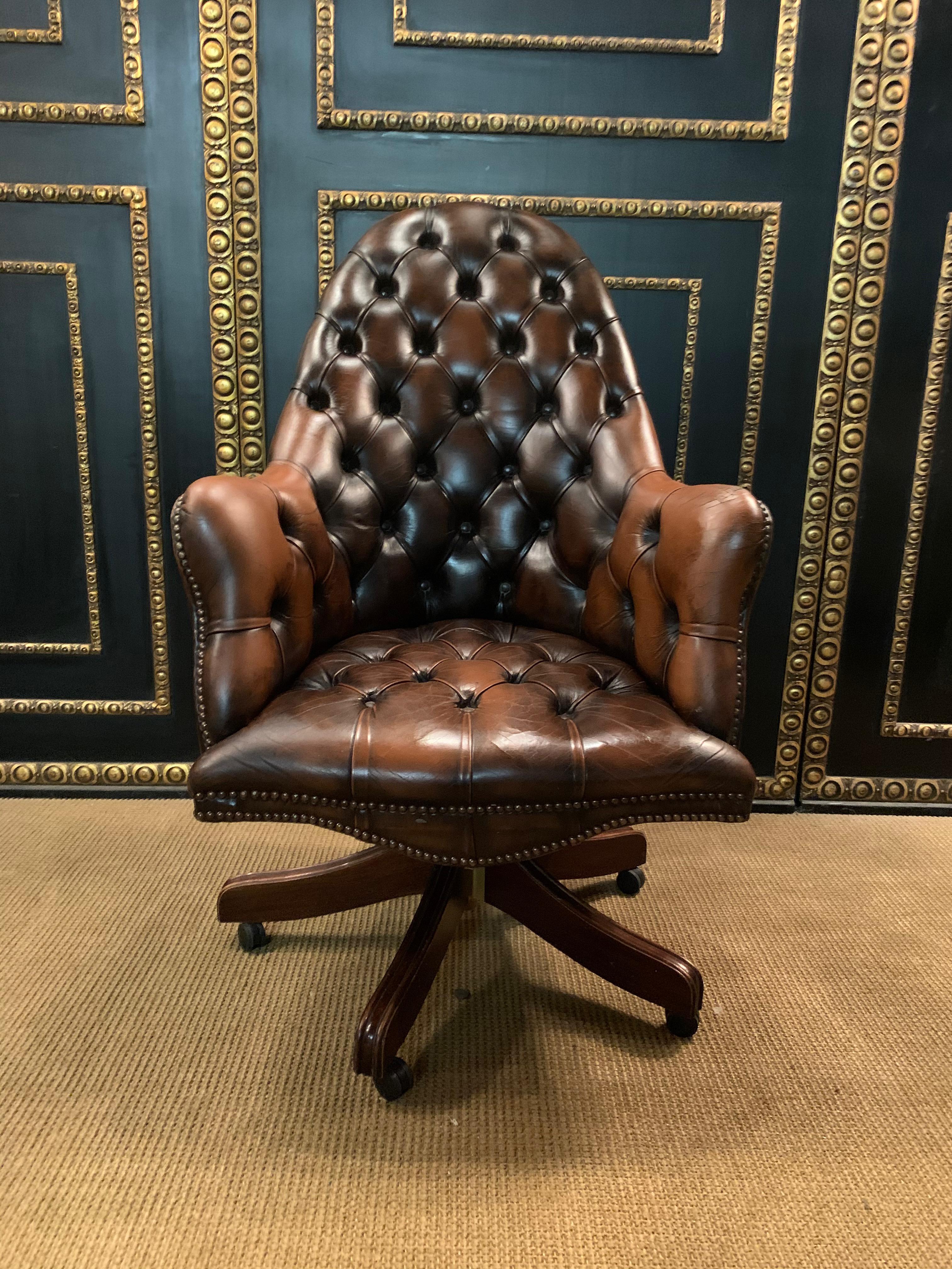 English Vintage Mahogany Brown Leather Chesterfield Tufted Captains Directors Armchair For Sale