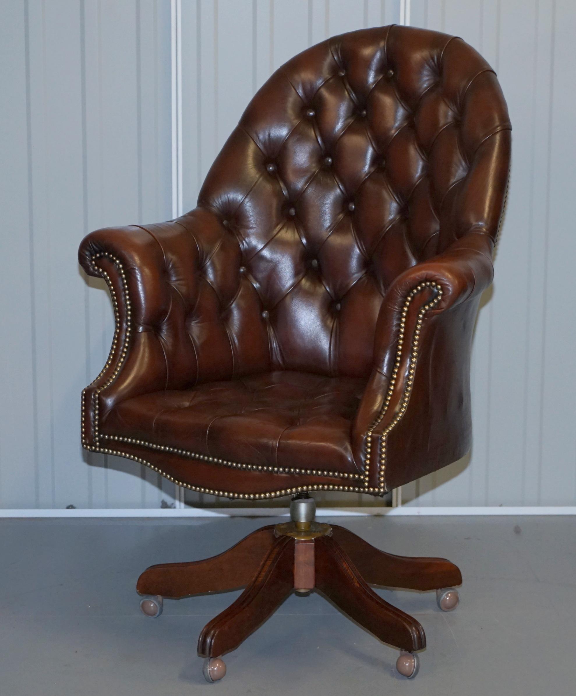 English Vintage Mahogany Brown Leather Chesterfield Tufted Captains Directors Armchair