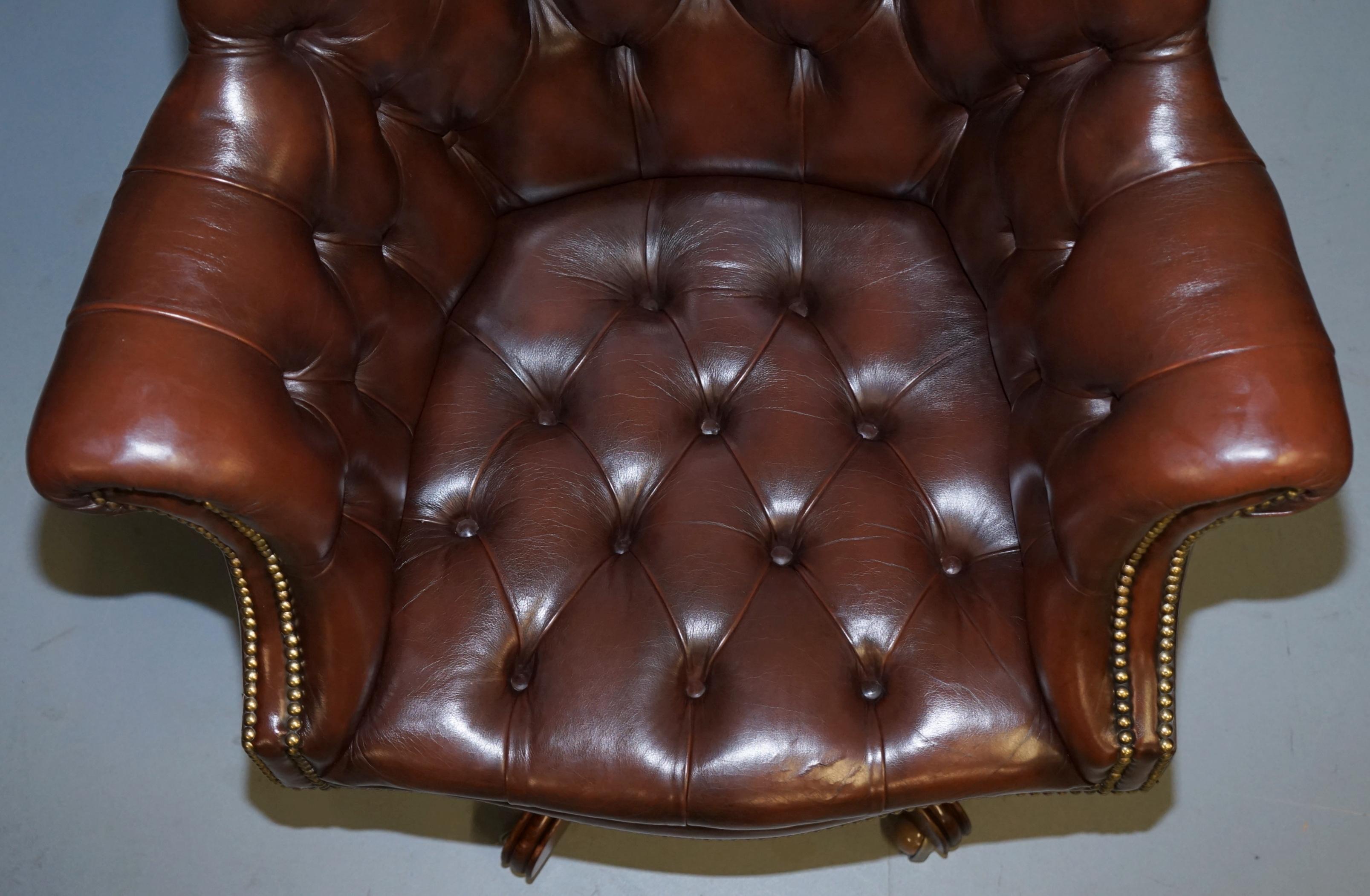 Hand-Crafted Vintage Mahogany Brown Leather Chesterfield Tufted Captains Directors Armchair