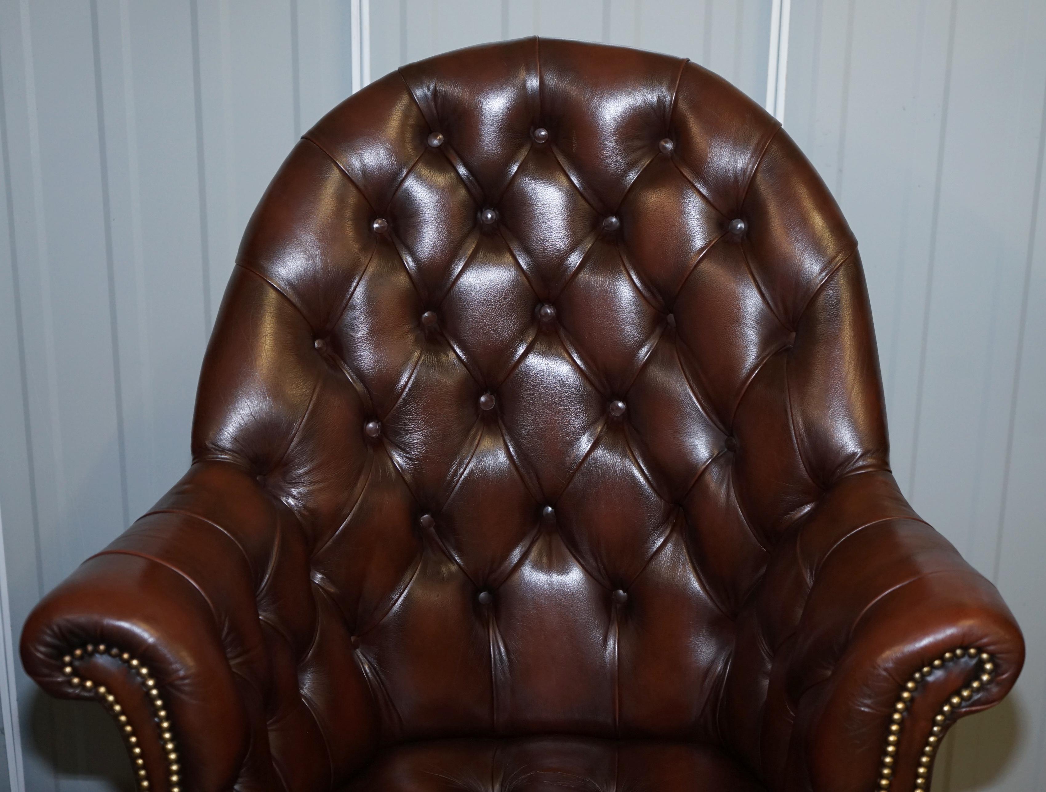 20th Century Vintage Mahogany Brown Leather Chesterfield Tufted Captains Directors Armchair