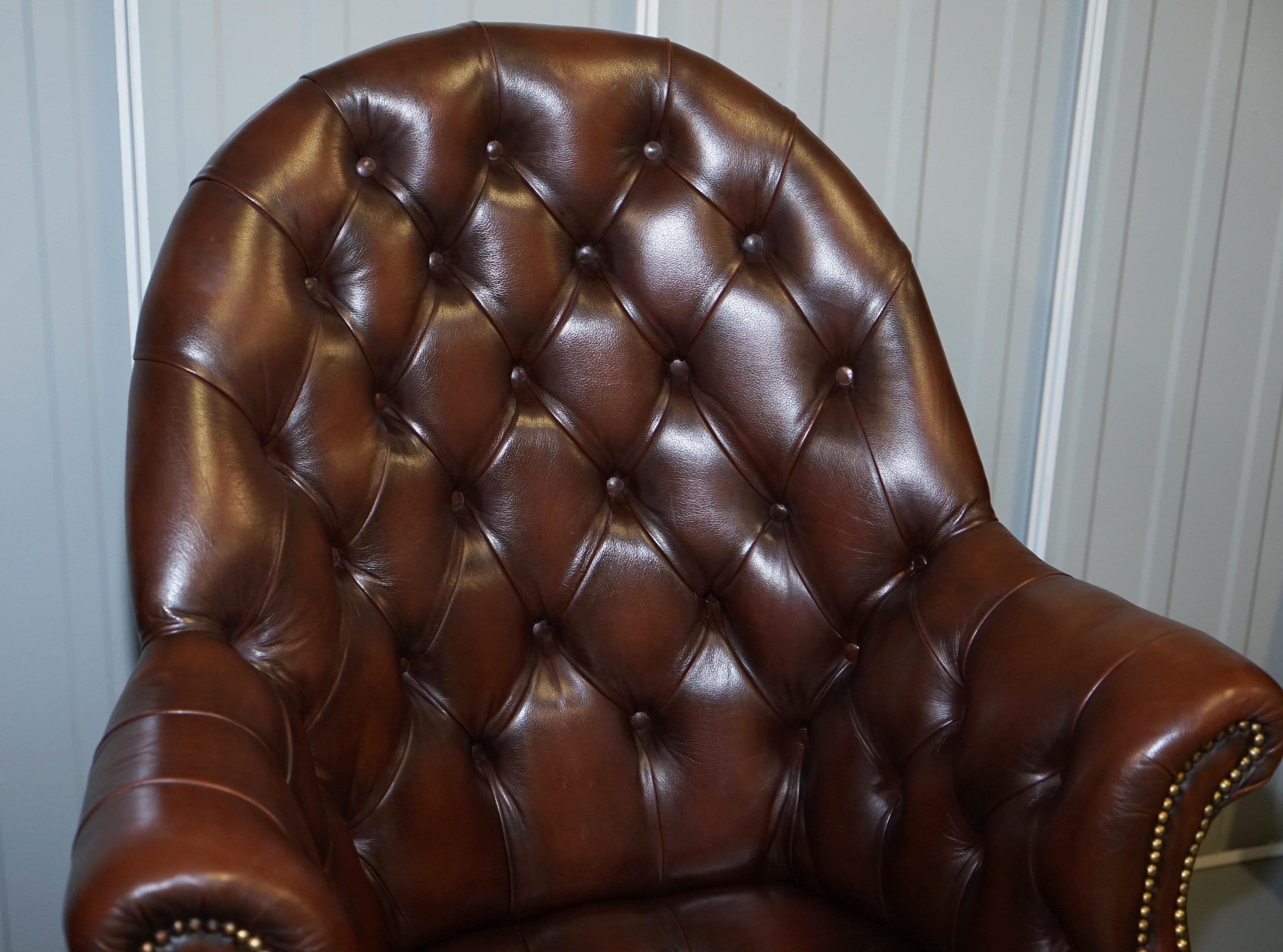 Vintage Mahogany Brown Leather Chesterfield Tufted Captains Directors Armchair 1