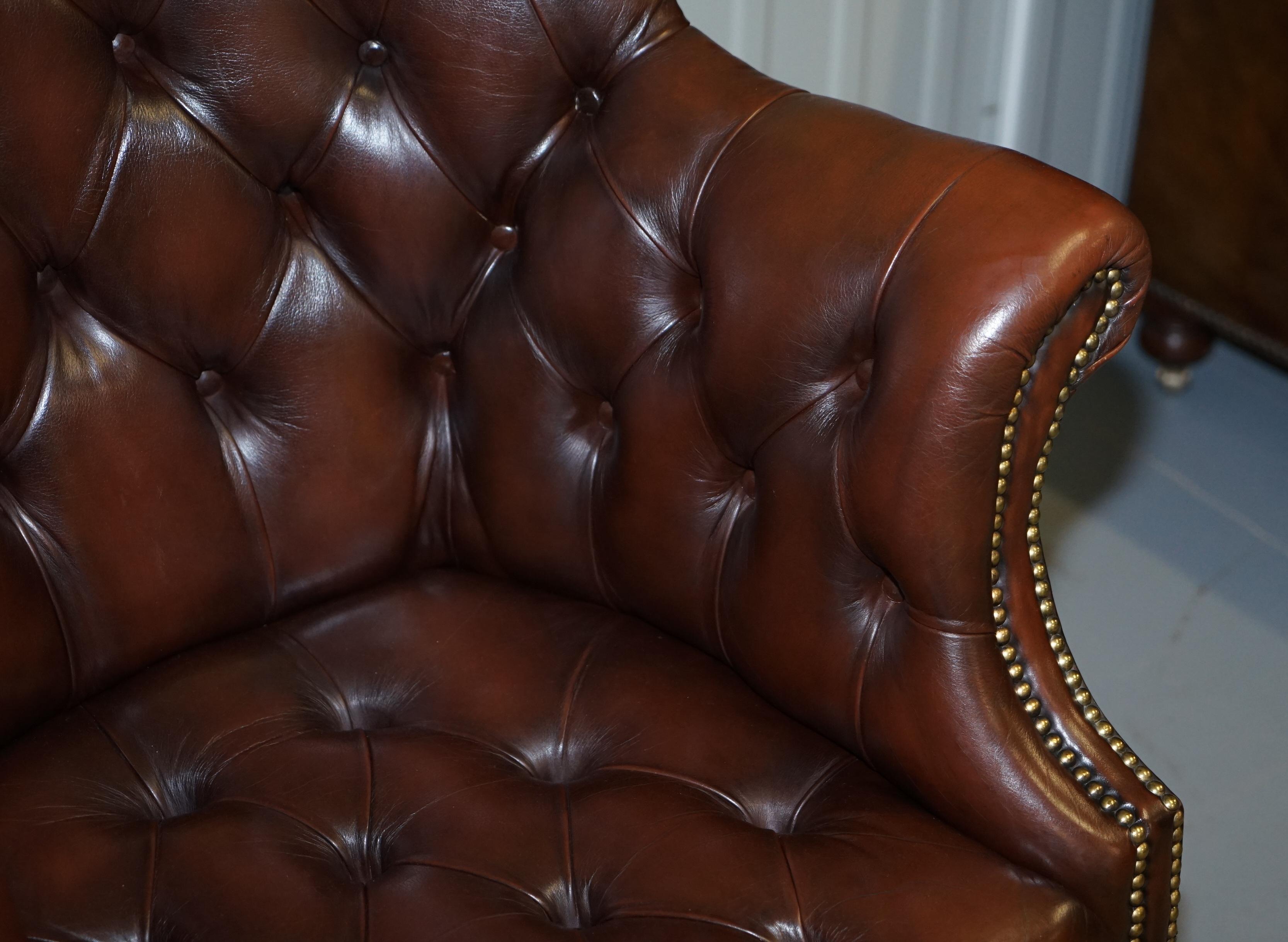 Vintage Mahogany Brown Leather Chesterfield Tufted Captains Directors Armchair 2