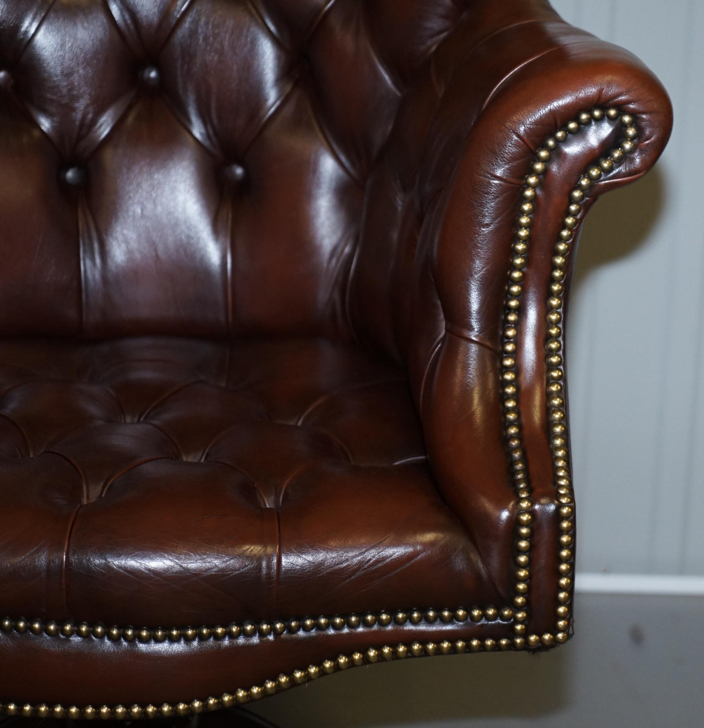 Vintage Mahogany Brown Leather Chesterfield Tufted Captains Directors Armchair 3