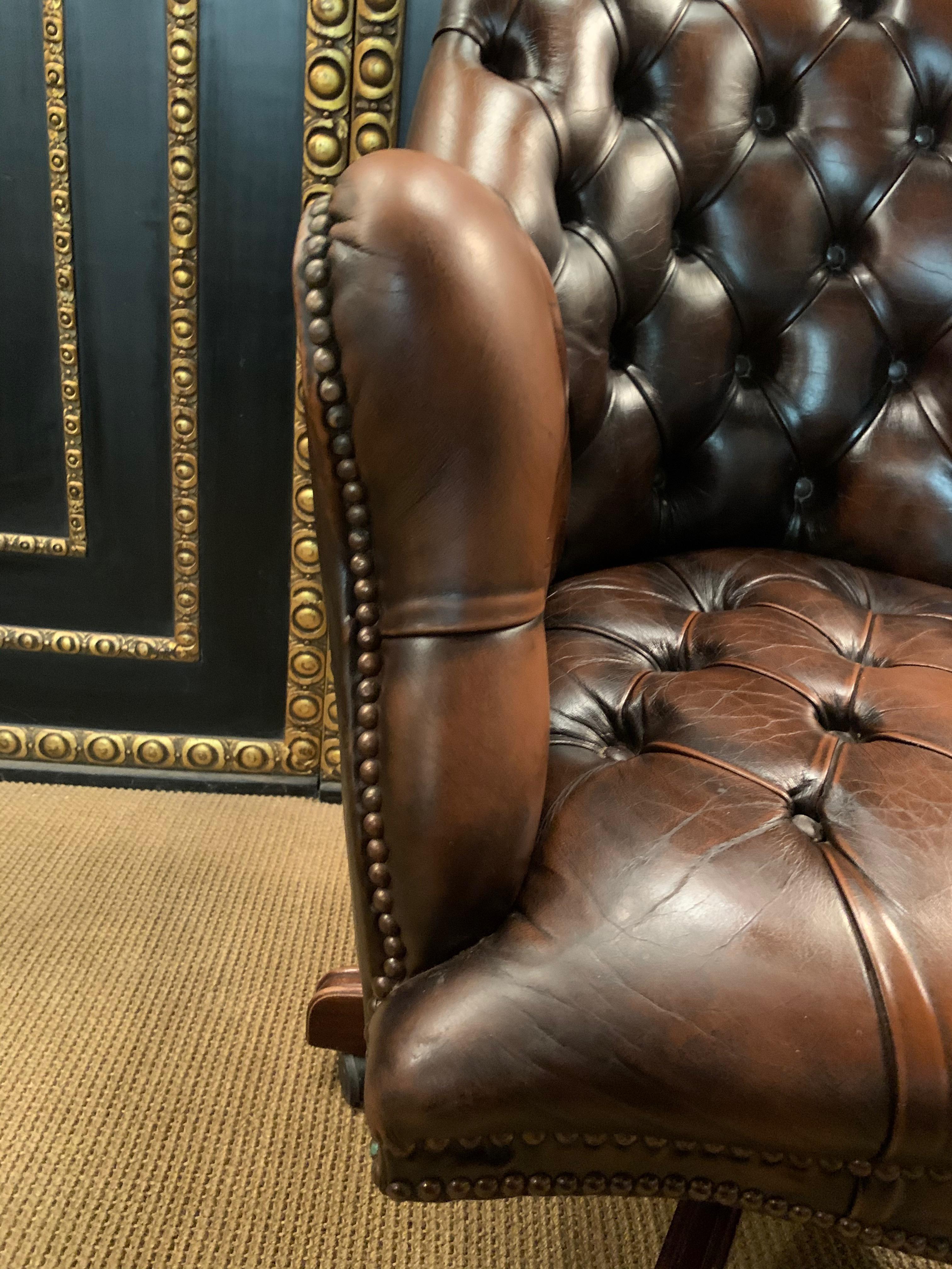 Vintage Mahogany Brown Leather Chesterfield Tufted Captains Directors Armchair For Sale 4