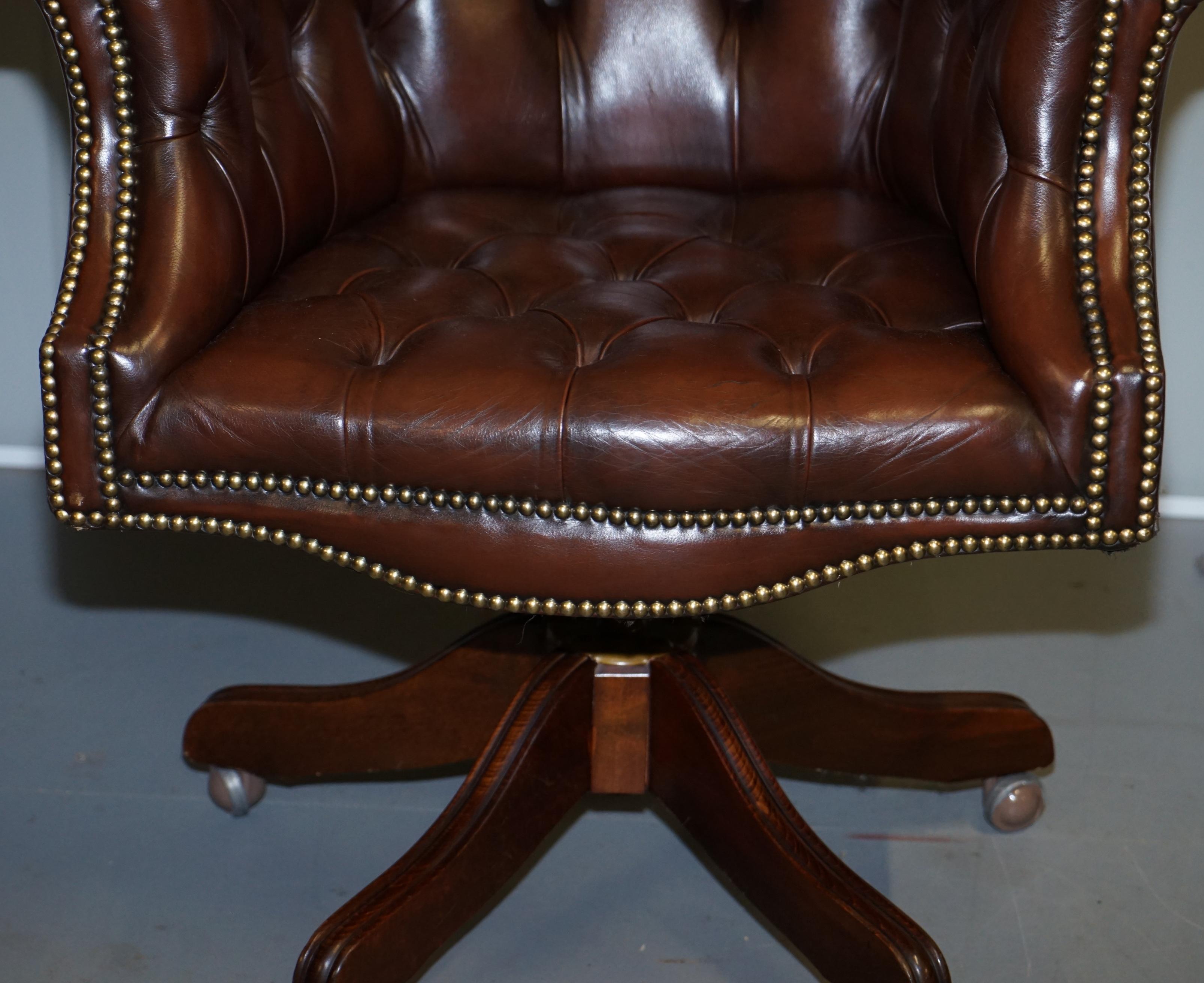 Vintage Mahogany Brown Leather Chesterfield Tufted Captains Directors Armchair 4