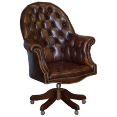 Vintage Mahogany Brown Leather Chesterfield Tufted Captains Directors Armchair