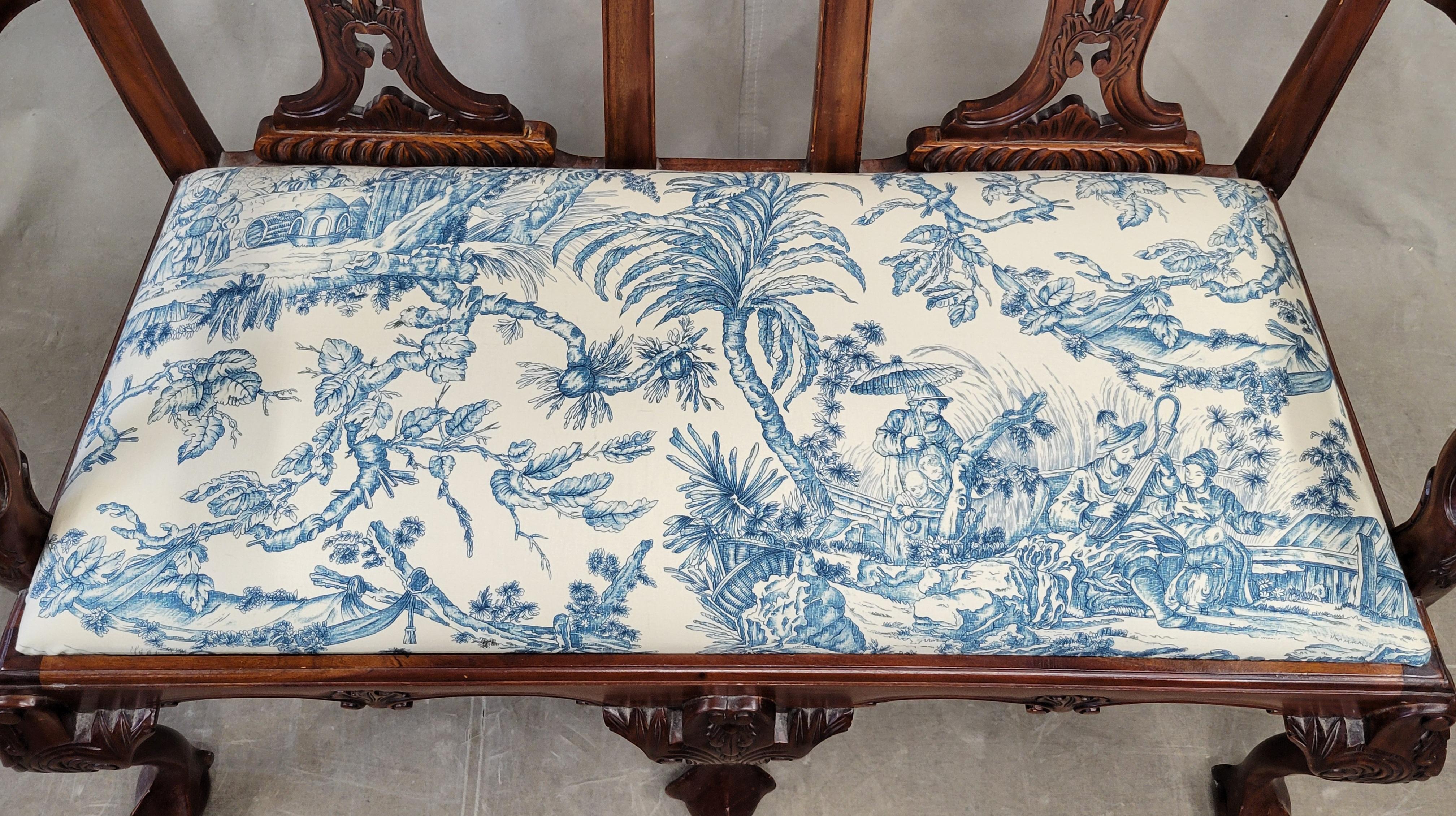 Chinese Chippendale Vintage Mahogany Chippendale Bench With Schumacher Chinoiserie Upholstery
