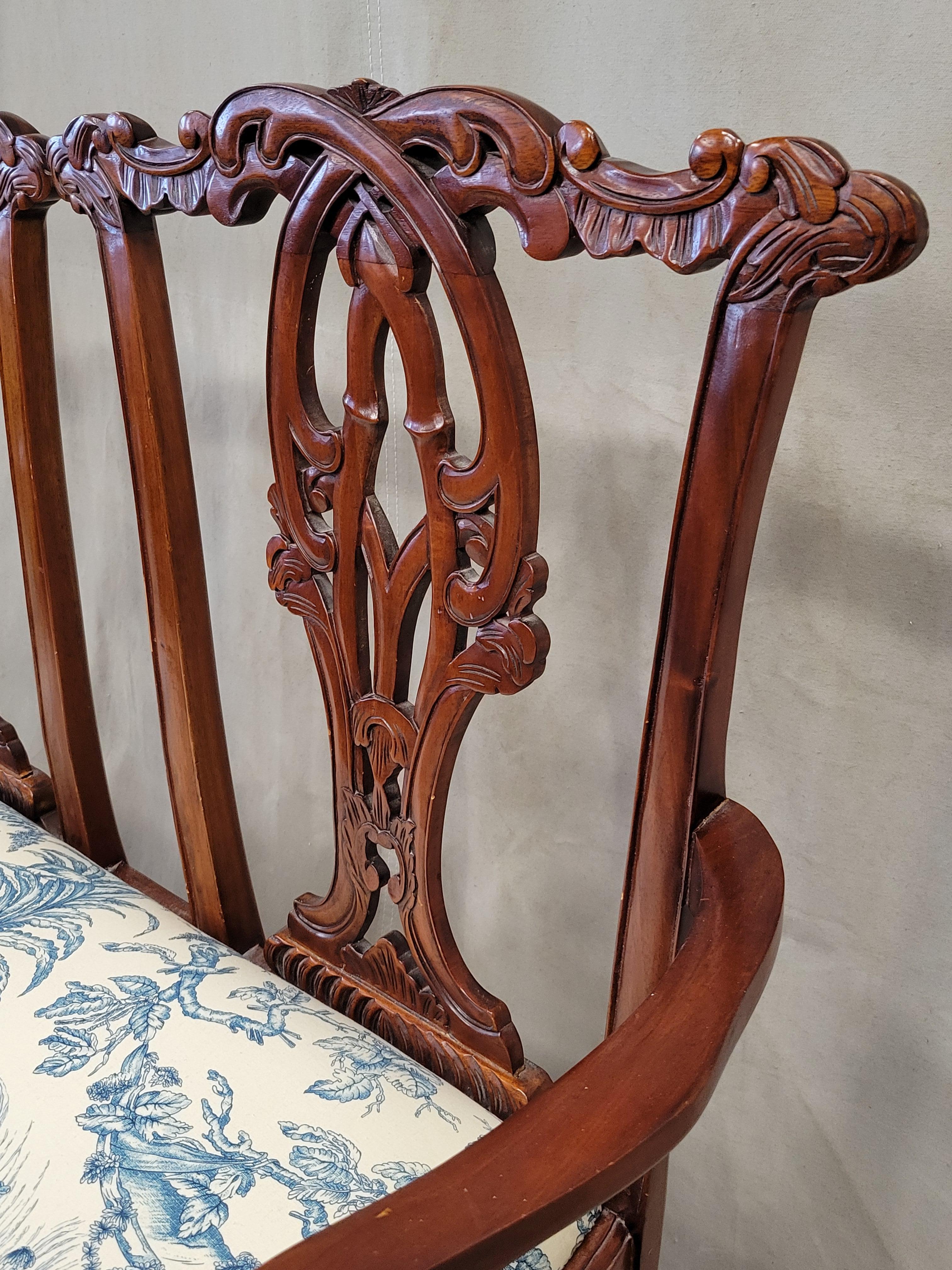 Hand-Carved Vintage Mahogany Chippendale Bench With Schumacher Chinoiserie Upholstery
