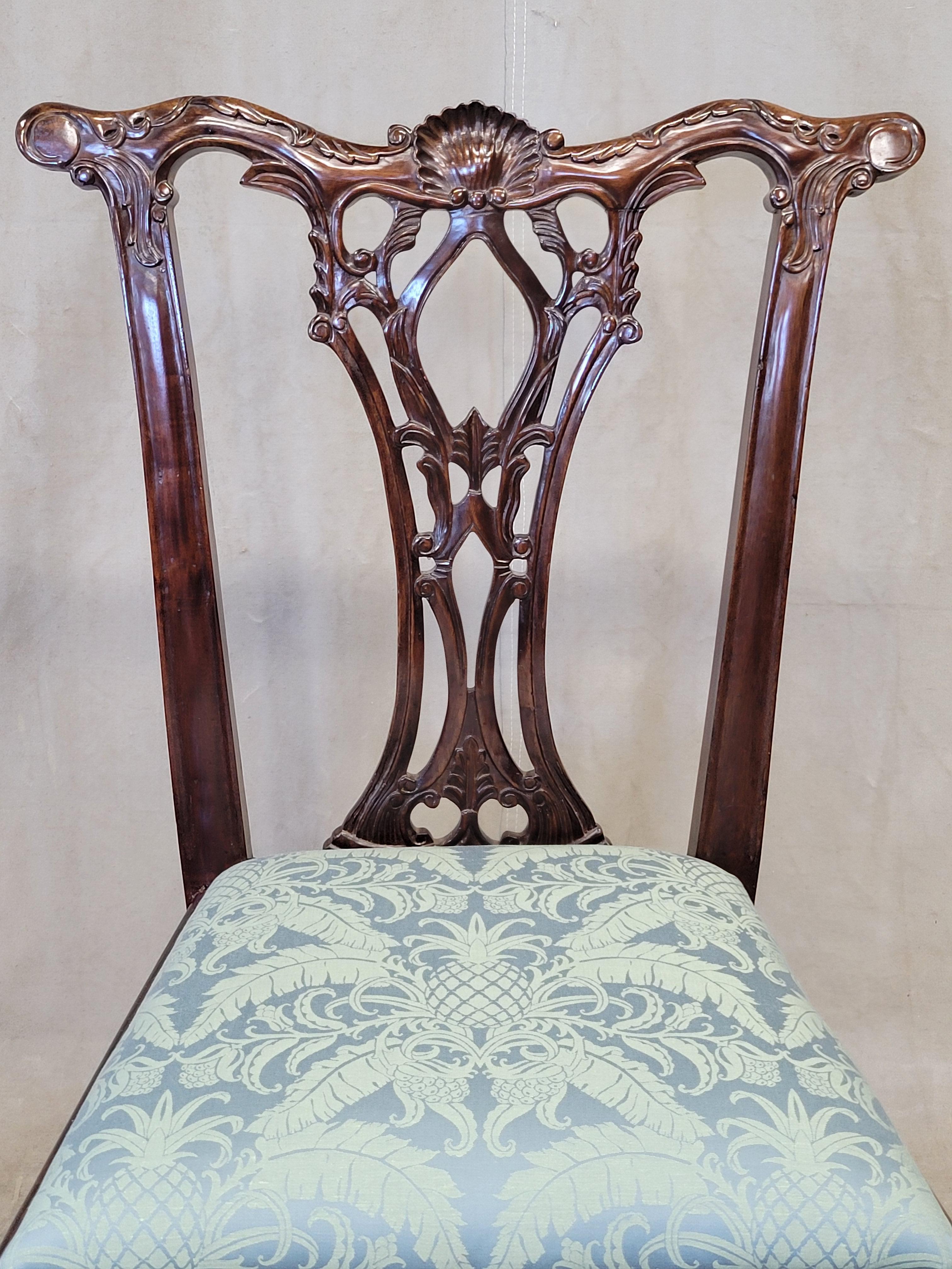 Unknown Vintage Mahogany Chippendale Dining Chairs With Teal Damask - Set of 6