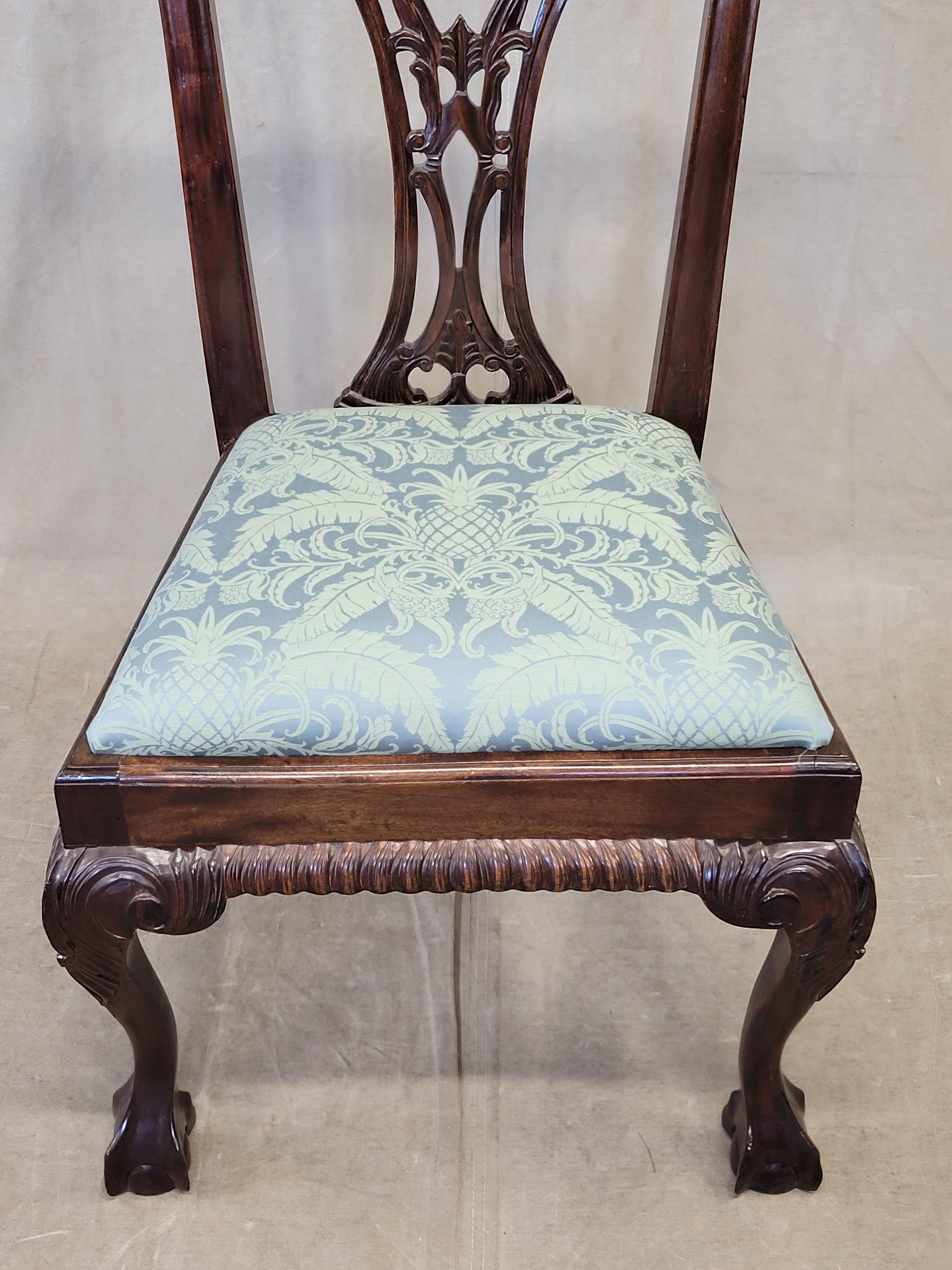 Hand-Carved Vintage Mahogany Chippendale Dining Chairs With Teal Damask - Set of 6