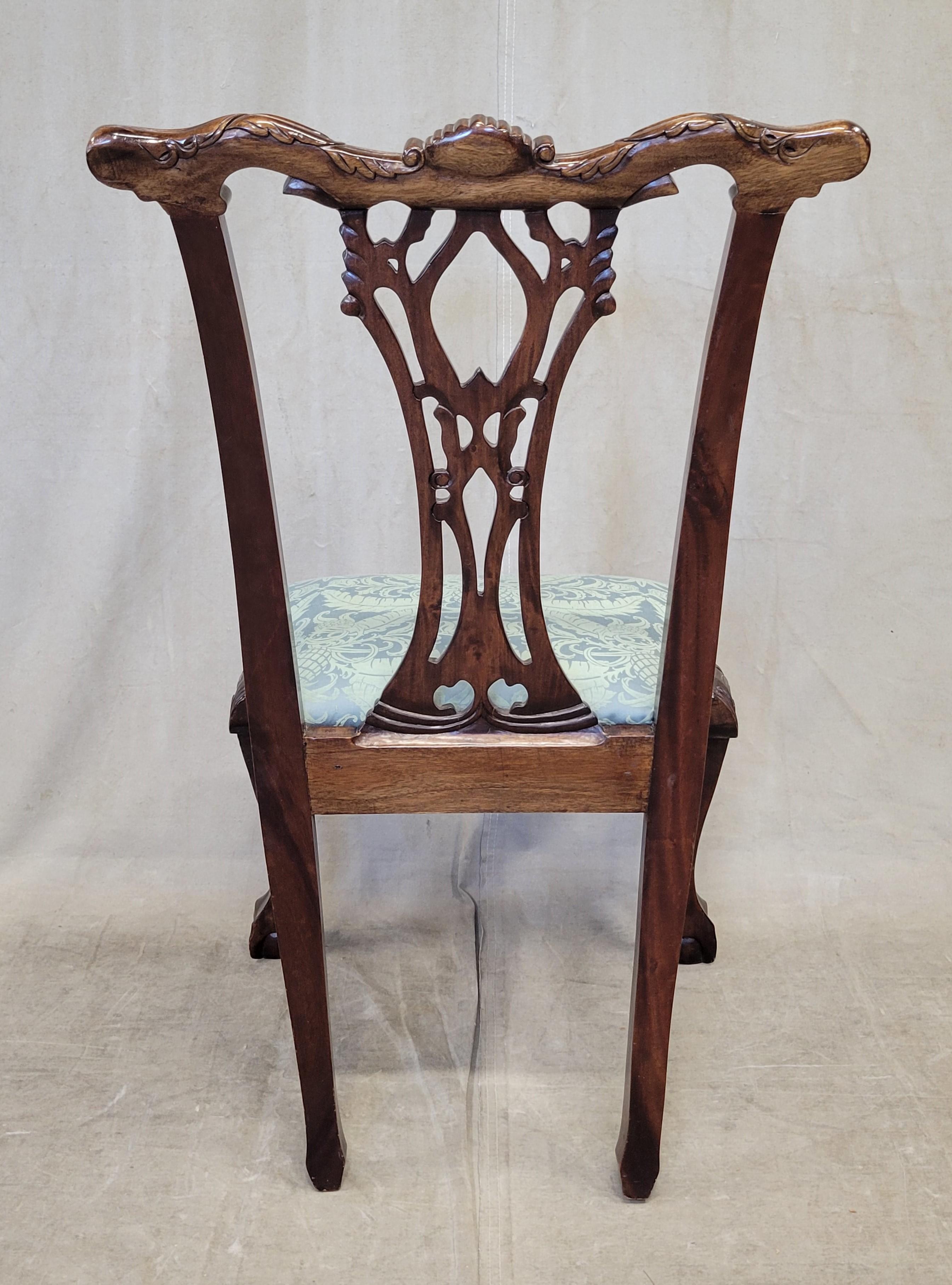 20th Century Vintage Mahogany Chippendale Dining Chairs With Teal Damask - Set of 6