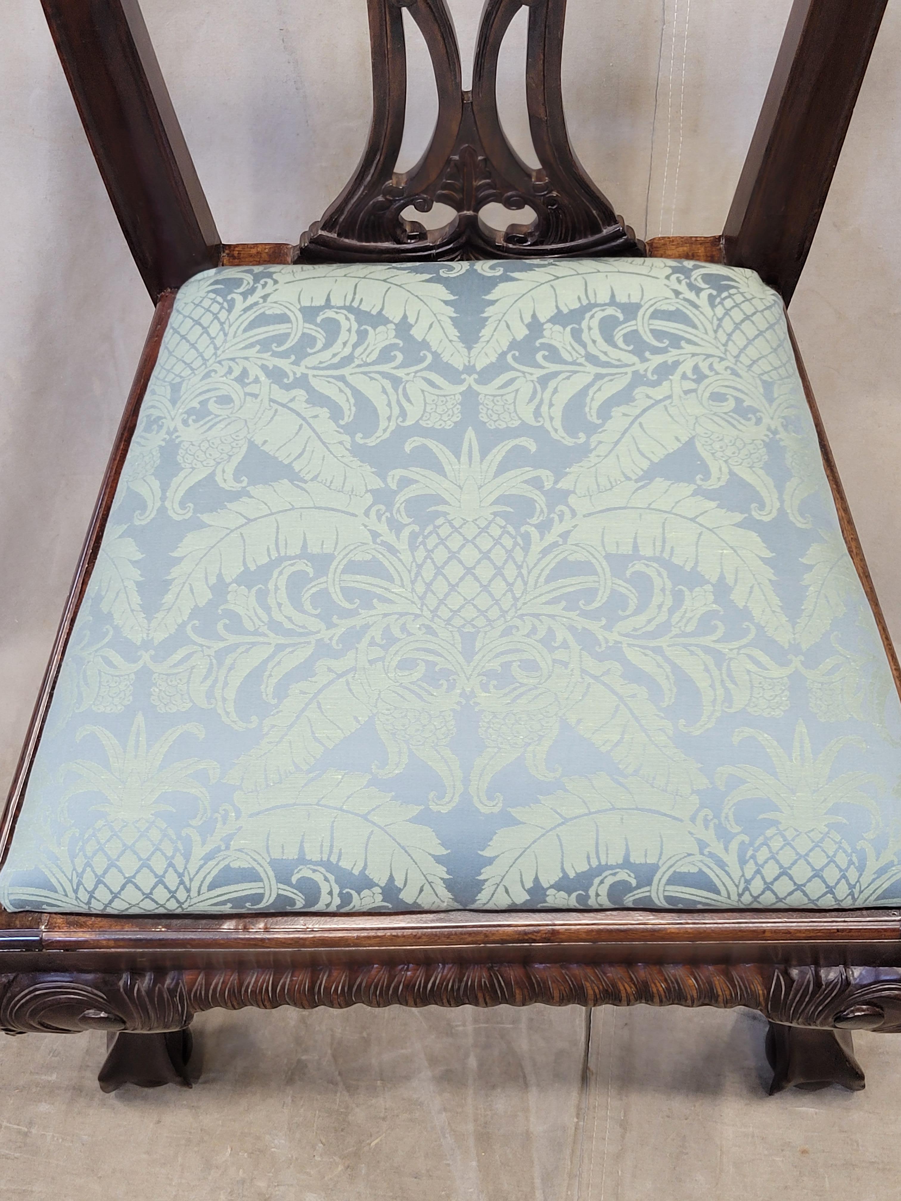 Silk Vintage Mahogany Chippendale Dining Chairs With Teal Damask - Set of 6