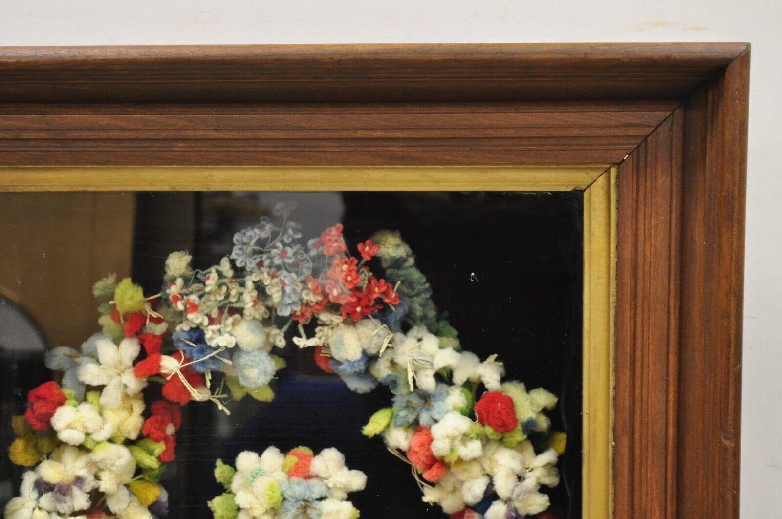 Vintage Mahogany Deep Shadow Box Frame Felt Cotton Mourning Wreath Wall Art In Good Condition For Sale In Philadelphia, PA