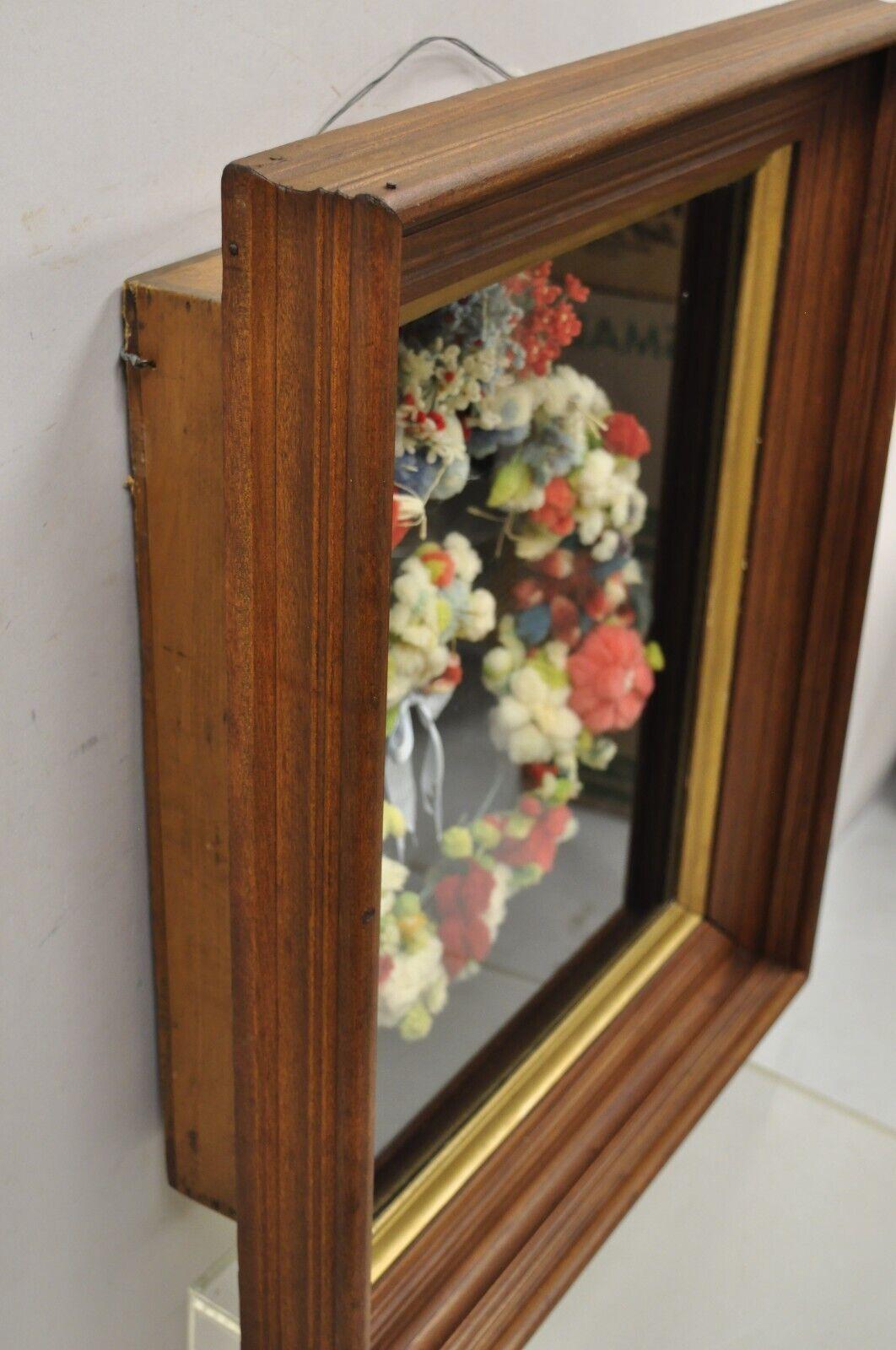 Glass Vintage Mahogany Deep Shadow Box Frame Felt Cotton Mourning Wreath Wall Art For Sale