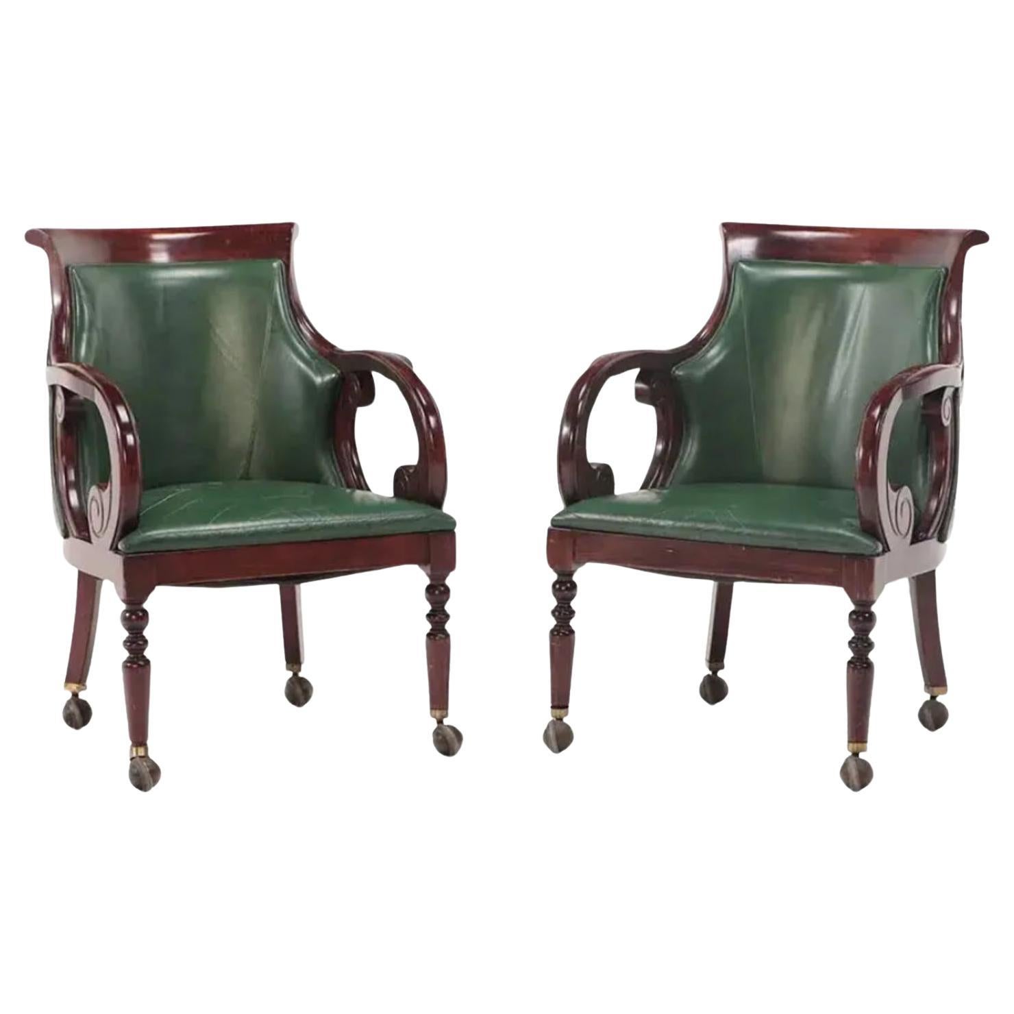 Vintage Mahogany, Empire Style, Green Upholstery Office Chairs, Set of Two!! For Sale