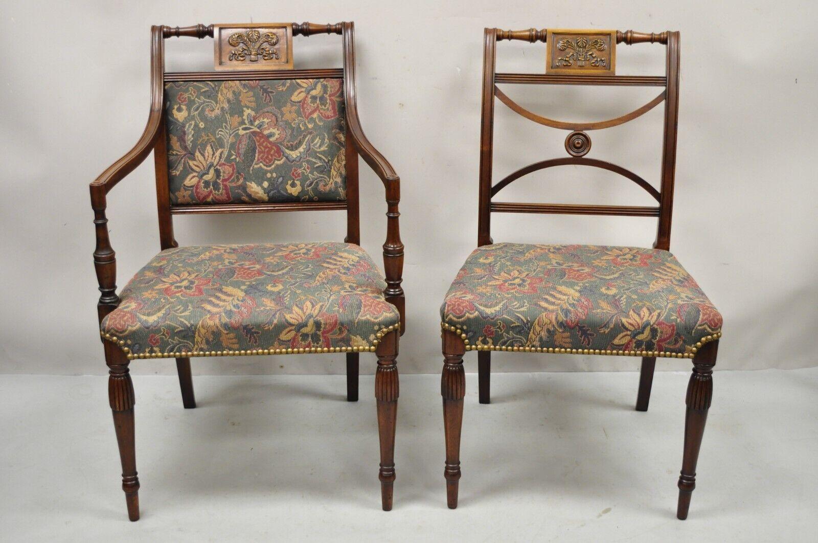 Vintage Mahogany English Sheraton Style Dining Chairs Prince of Wales - Set of 6. (1) Armchair, (5) Side chairs, Prince of wales plume carvings, solid wood frames, beautiful wood grain, nicely carved details, tapered legs, great style and form.